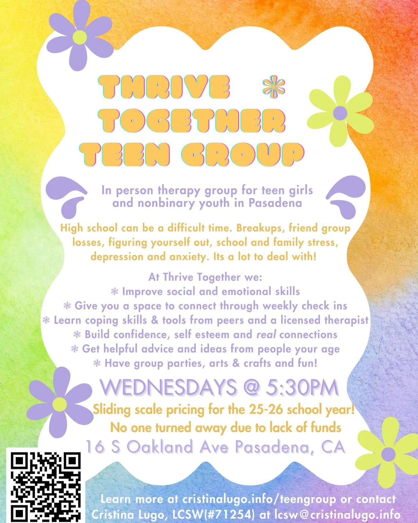 NEW: Pay what you can pricing 💗 Thrive Together is a weekly, in person therapy group for teen girls and nonbinary high schoolers 🌈 We have been running for the past five years and we help build social and emotional skills 🌟 Due to the immense amou