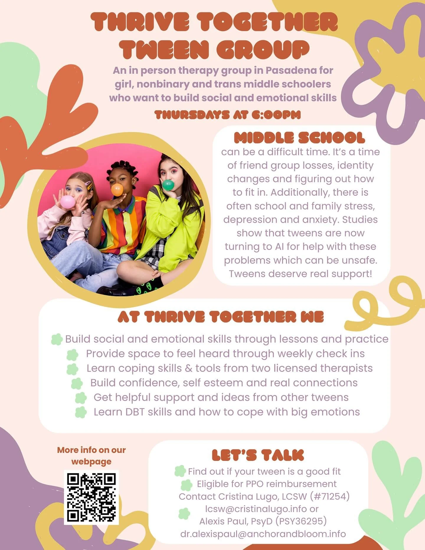This popular middle school therapy group for girl, nonbinary and trans tweens has been running continuously since 2018 and has recently moved to a new home with the Playhouse Collective! 🏡 We especially see a lot of neurodiverse and LGBTQ kids and t