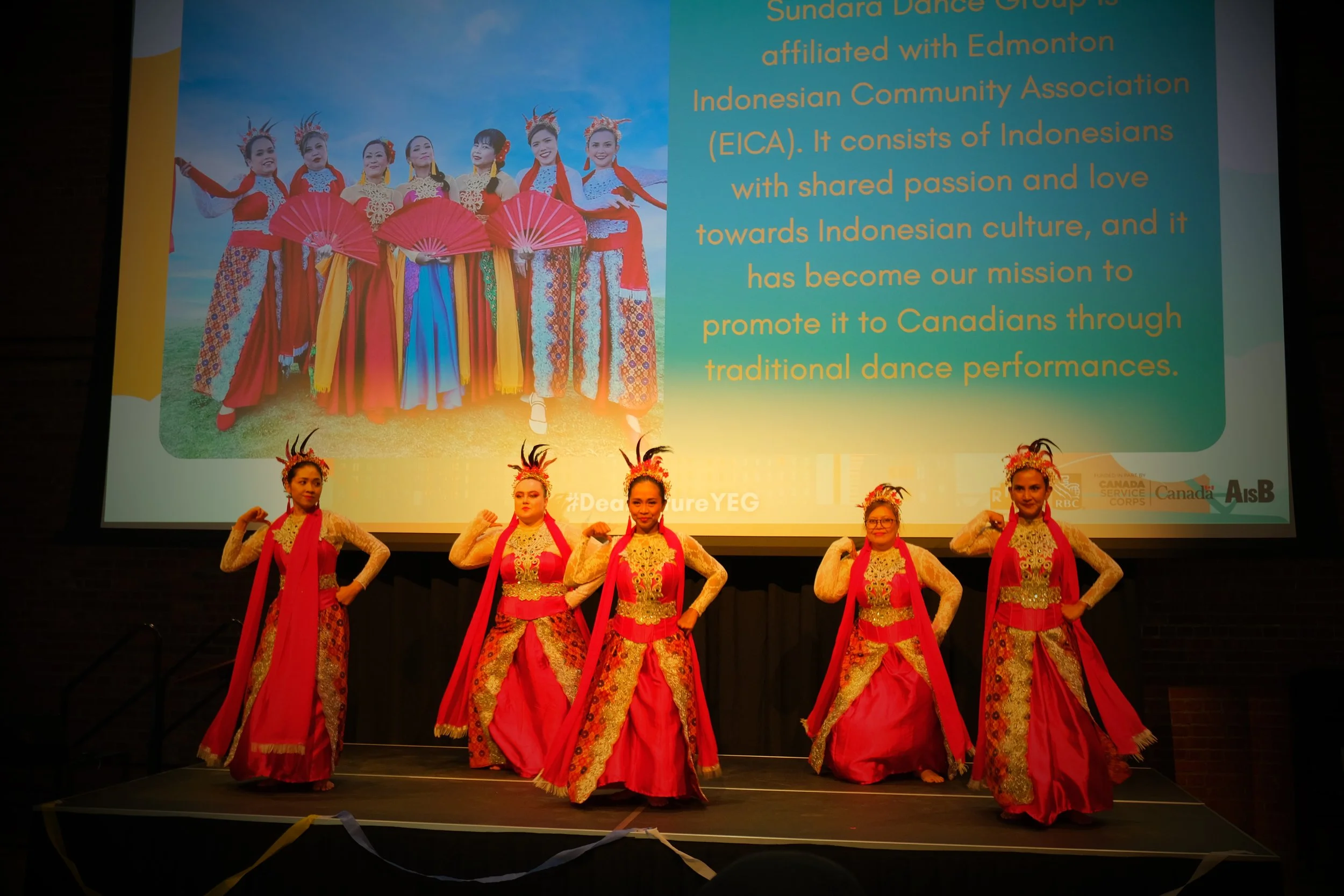 Group of five women in traditional Indonesian dance costumes performing on stage with a large screen in the background displaying a photo of other women in similar costumes and a paragraph of text.