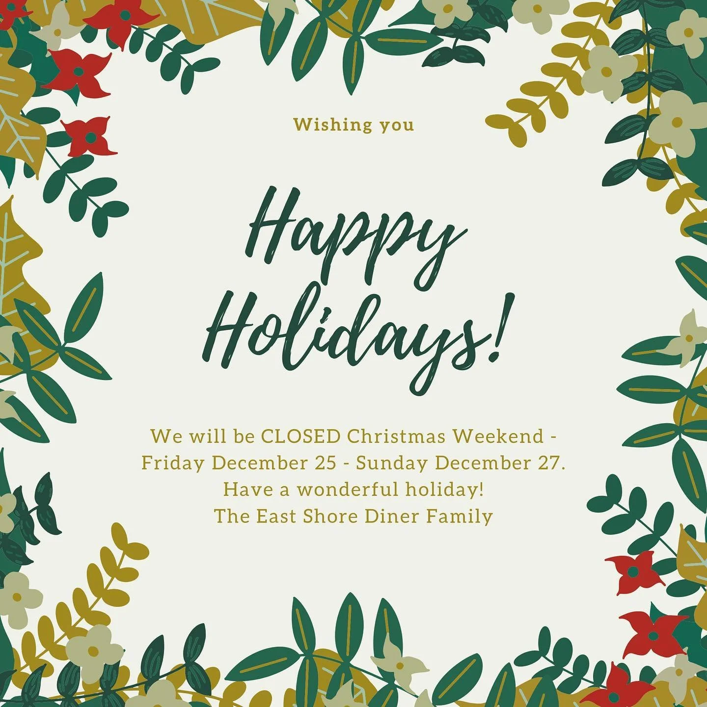We will be closed Christmas Day as well as Saturday and Sunday! 

Wishing everyone a safe and happy holiday season! 🎄☃️🛷 
&bull;
&bull;
&bull;
&bull;
&bull;
#eastshorediner #harrisburg #harrisburgpa #harrisburgeats #diner #retrodiner #dinersofpa #d
