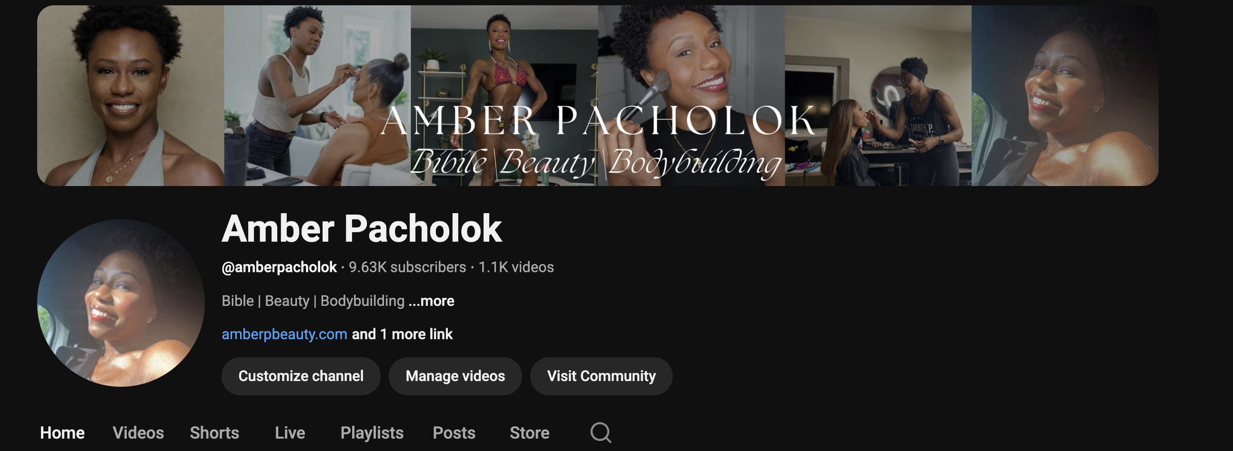 YouTube channel banner for Amber Pacholok, featuring images of her getting makeup done, exercising in a bikini, smiling, and working with clients, with the text "Amber Pacholok Bible Beauty Bodybuilding."