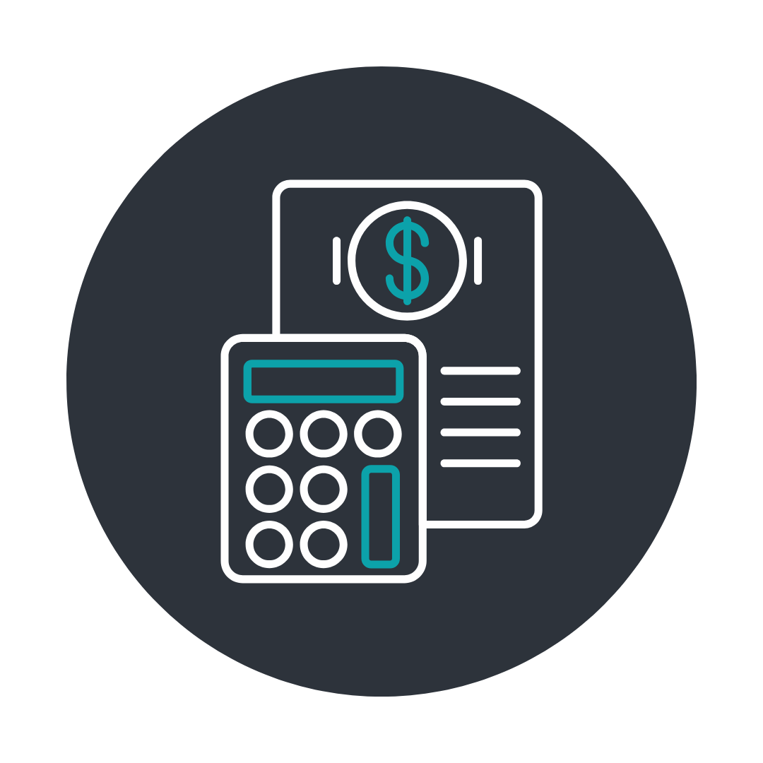 Line art illustration of a calculator, a receipt with a dollar sign, and a paper on a dark background.
