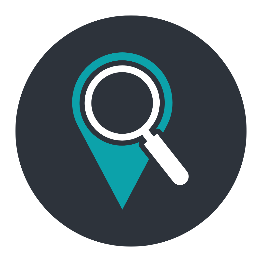 Map pin icon with magnifying glass inside, representing location search or discovery.