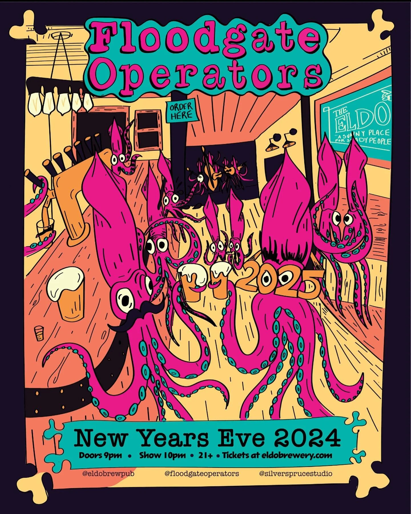 Y&rsquo;all!

I had SO much fun designing this poster for @theeldobrewpub &amp; @floodgateoperators New Years Eve show!

Come out and party with these squids!

Come at me with your creative ideas and let&rsquo;s make them happen!

@annabanaana