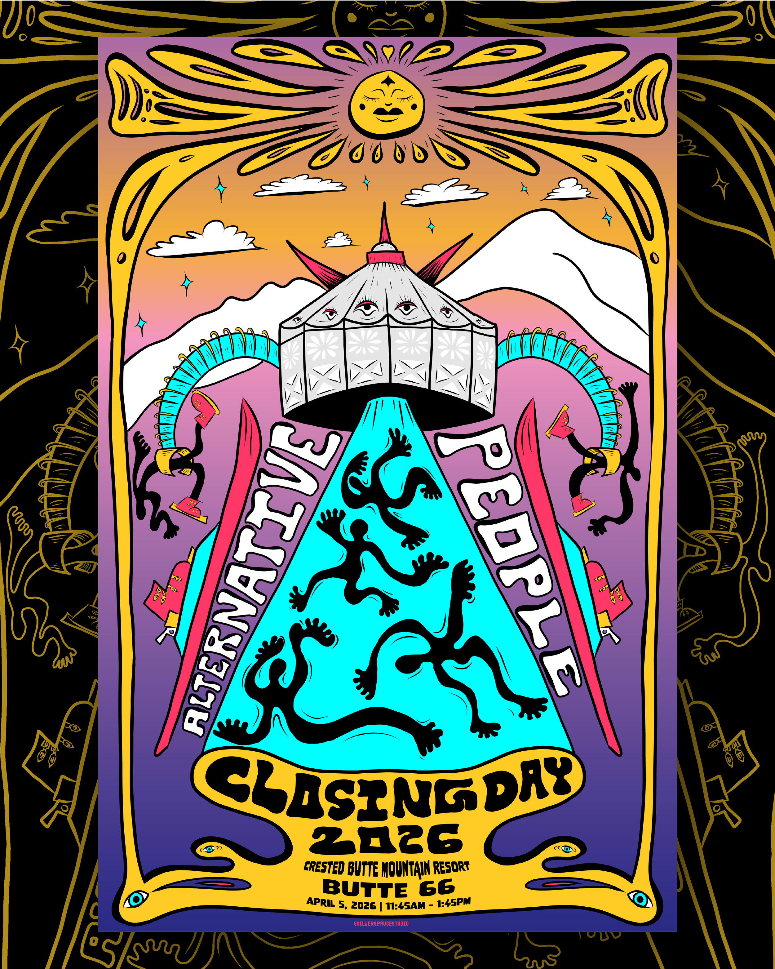 Event poster for a Sunset Day celebration at Crest Butte Mountain Resort on April 5, 2026, from 11:45 AM to 1:45 PM. The poster features a stylized mountain with a dragon silhouette, colorful clouds, a smiling sun with a face, and decorative borders 