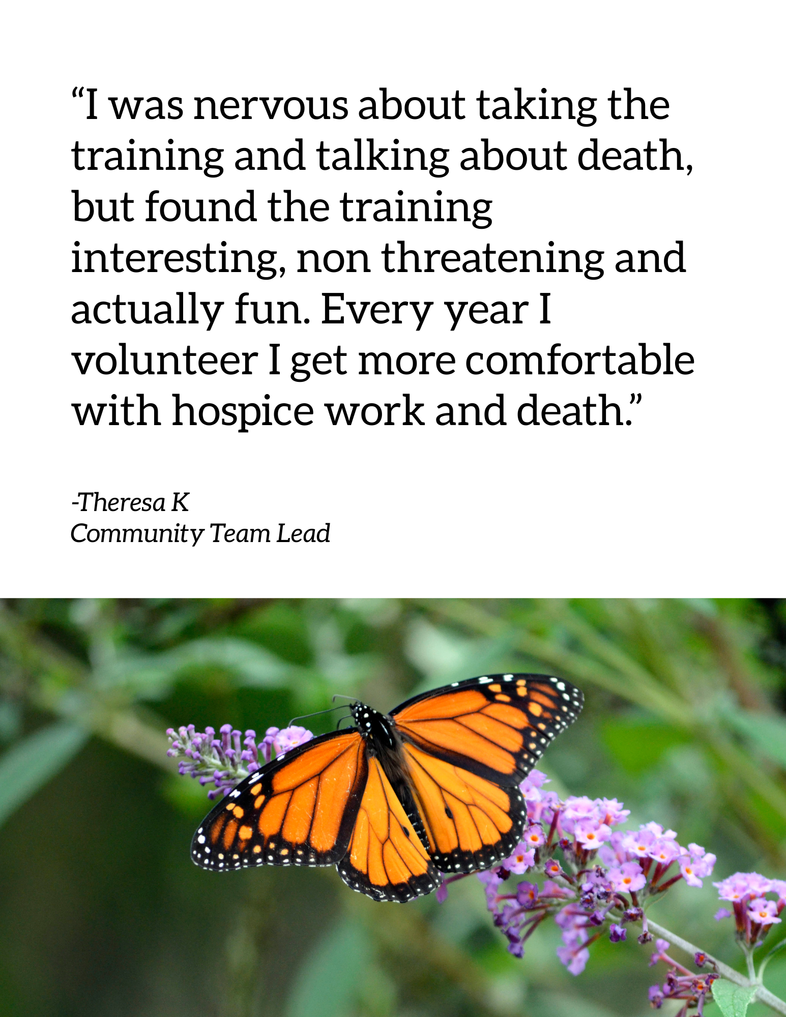 Photo of a monarch on a branch with purple flowers with the quote “I was nervous about taking the training and talking about death, but found the training interesting, non threatening and actually fun. Every year I volunteer I get more comfortable wi