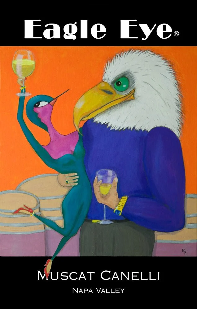 Advertising label for Eagle Eye Muscat Canelli wine from Napa Valley. Features a colorful, surreal illustration of an eagle with a human body and a large beak, holding a glass of wine, with a whimsical, stylized figure next to it holding a wine glass, against an orange background.