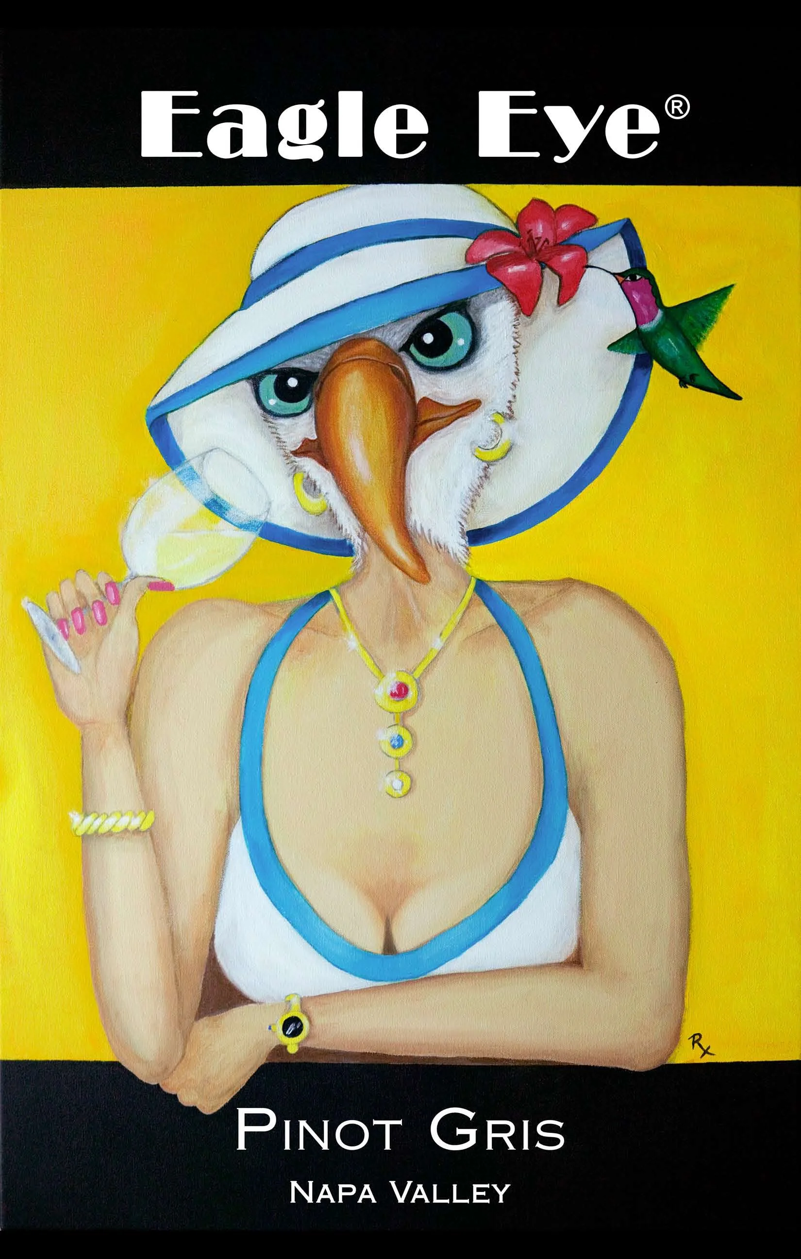 A colorful illustrated wine label featuring a woman with a bird's face, wearing a sun hat with a red flower, jewelry, and a white bikini top, with the text 'Eagle Eye Pinot Gris Napa Valley' at the top and bottom.