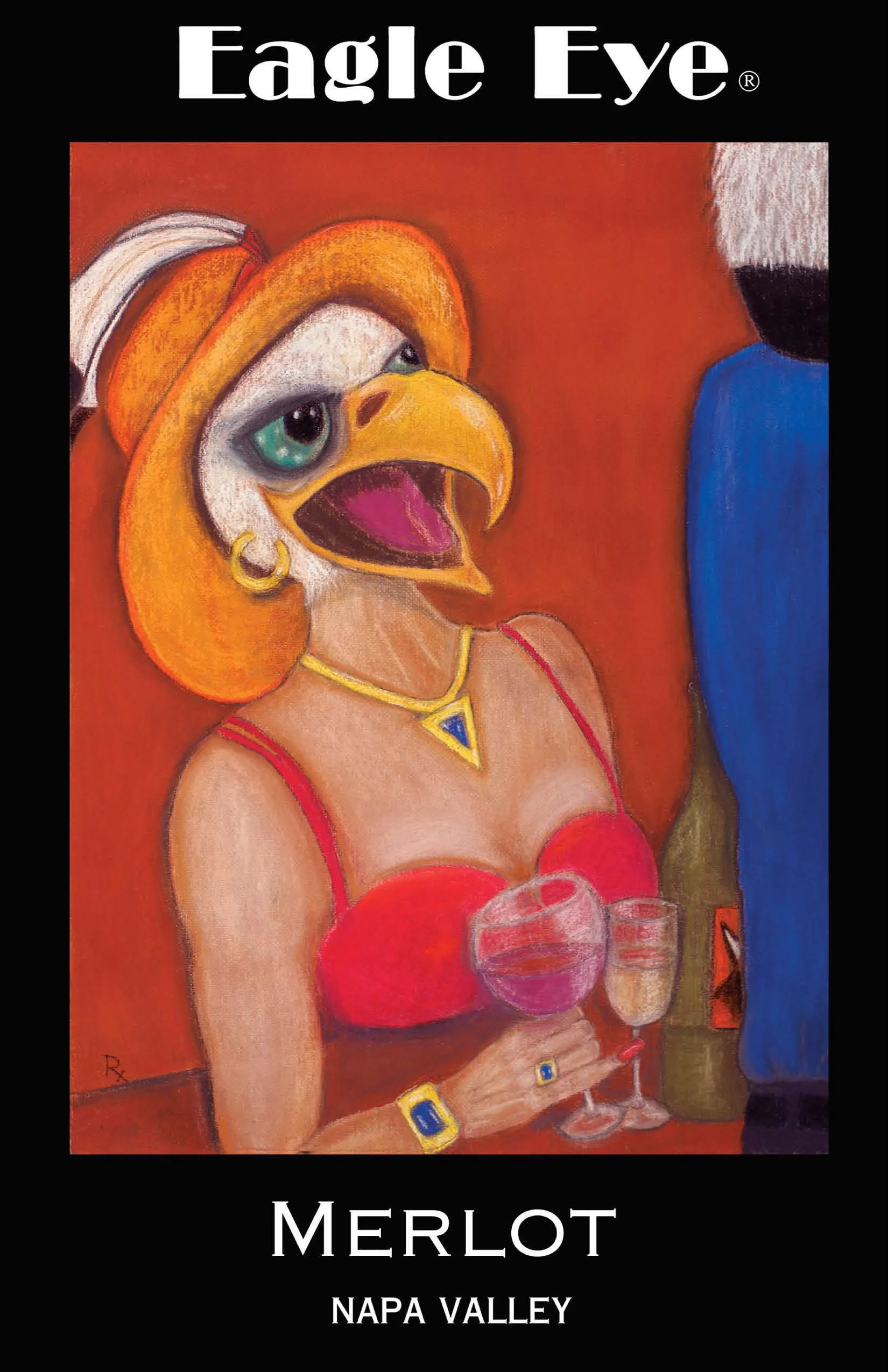 Artwork of a human with a bird's head, wearing a red dress, holding a wine glass, with jewelry, and standing next to a man in a blue shirt. The text reads 'Eagle Eye Merlot Napa Valley'.