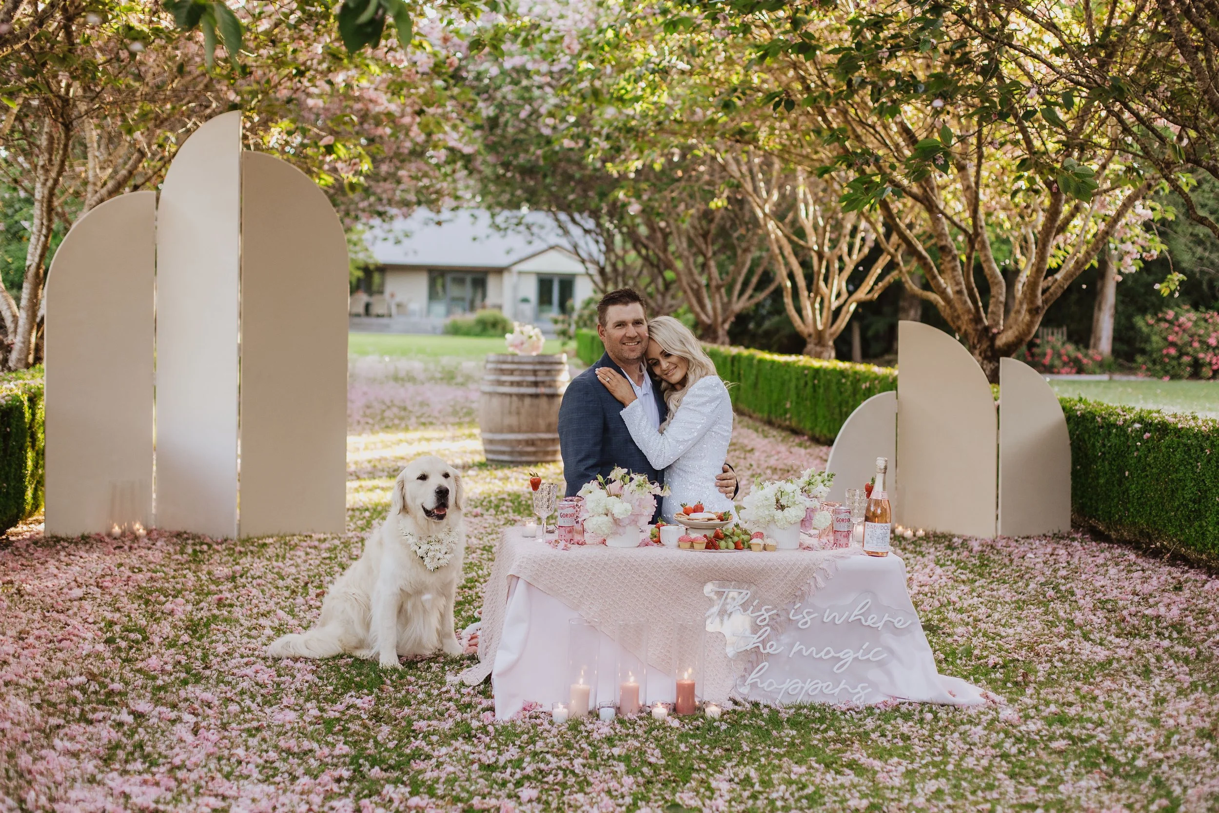 Geometric backdrop, ceremony, alter, florals, blush blossom, neutral