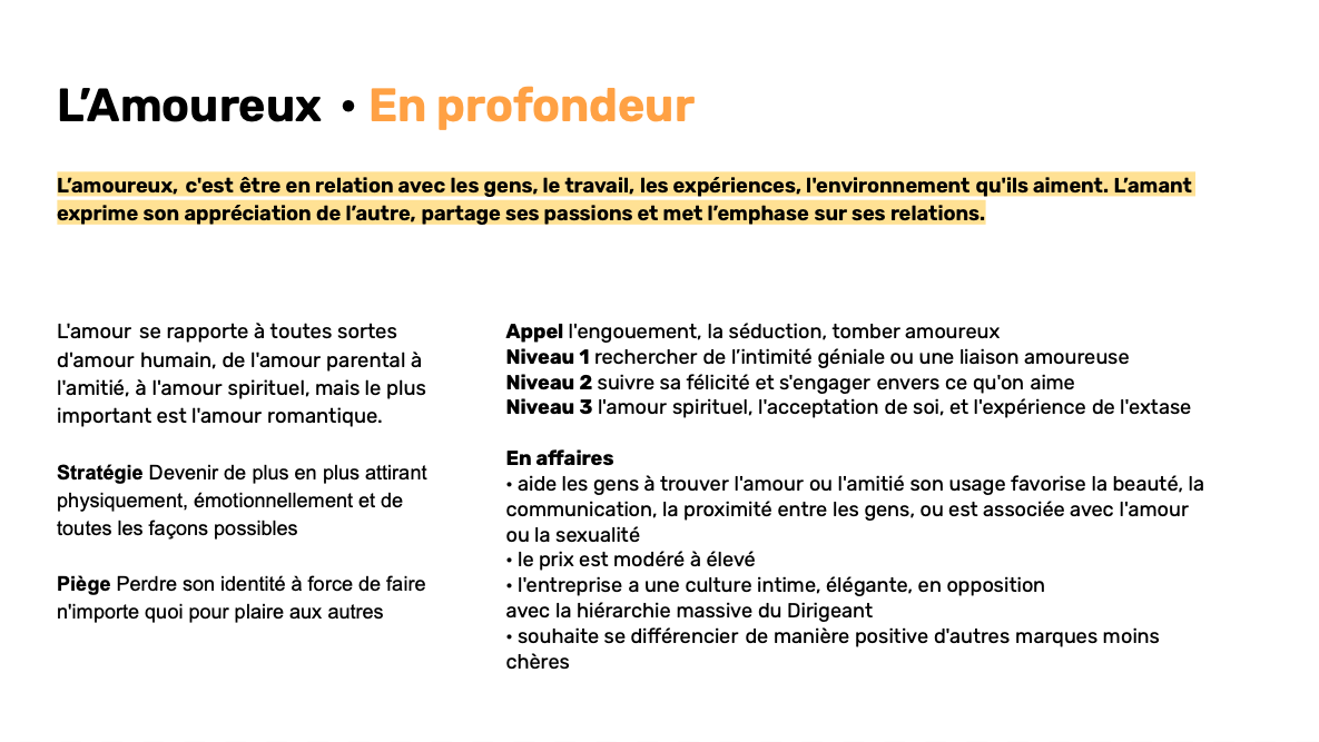 Troisième page du résultat de quiz archetype, résultat : l'amoureux