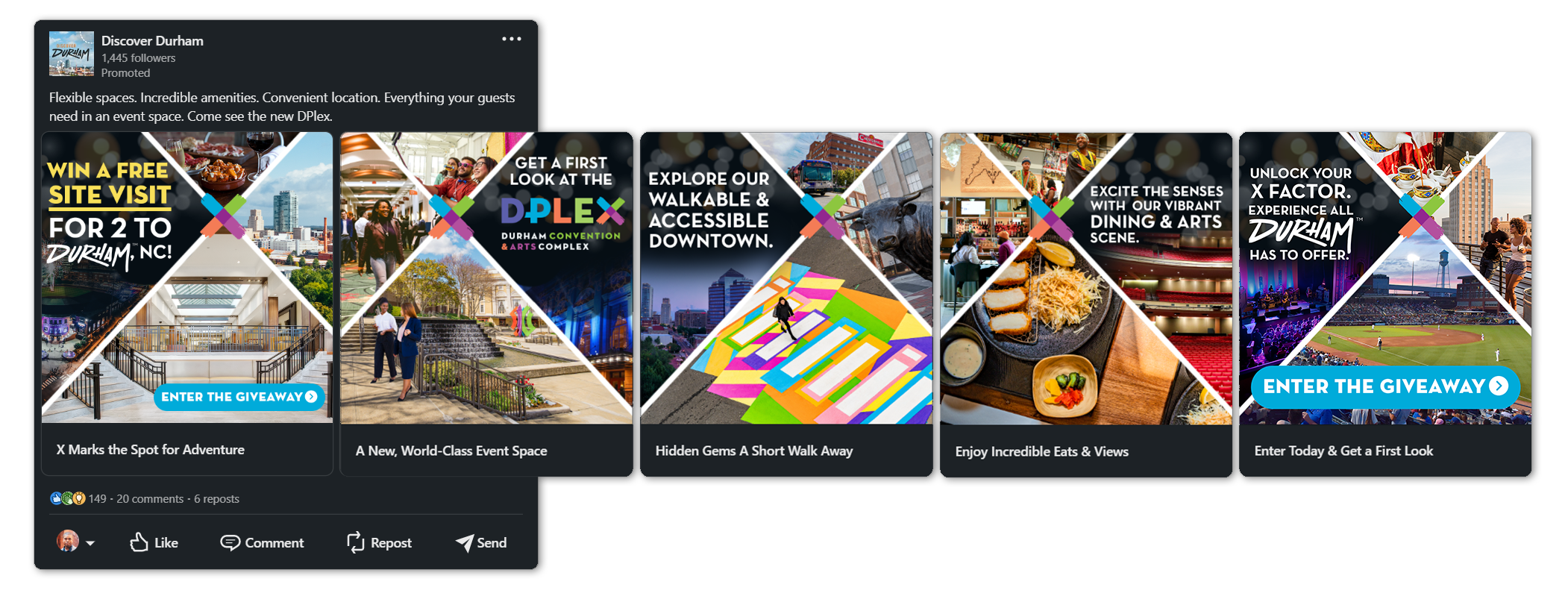 DPlex LinkedIn carousel ad with 5 slides depicting various event, art and food experiences at the DPlex and in downtown Durham.