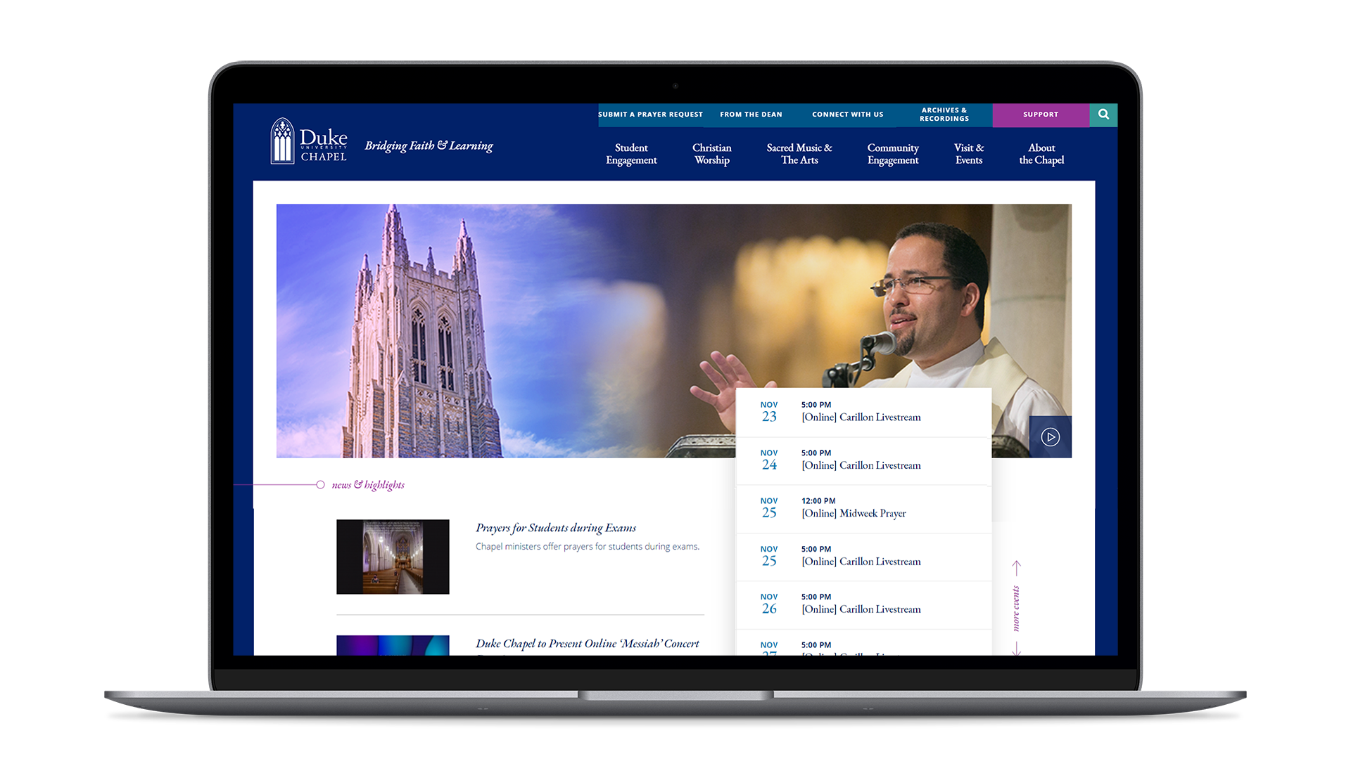 The Duke Chapel website redesign incorporated the updated color palette and typography