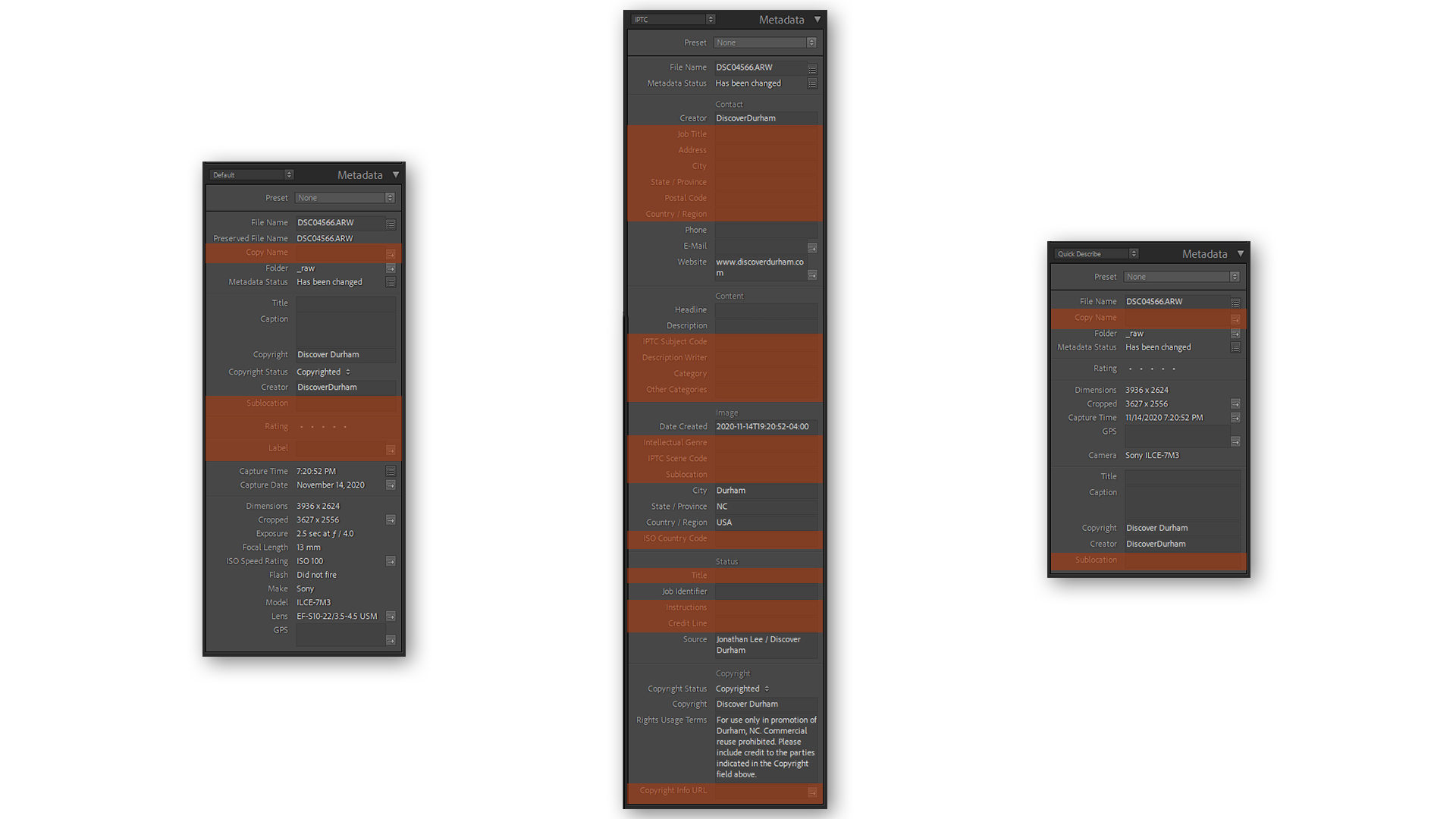 The 3 metadata panel views (in order from left-to-right: default, IPTC, and quick describe) the asset managers toggle through when writing metadata. The regions highlighted in red are unused by the managers and are visual noise.