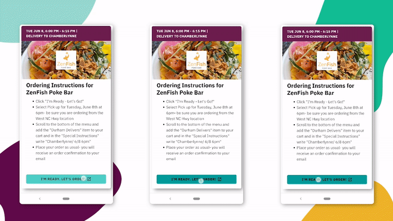 Animation of celebratory illustrations flying across the screen after a user taps the "order now" button