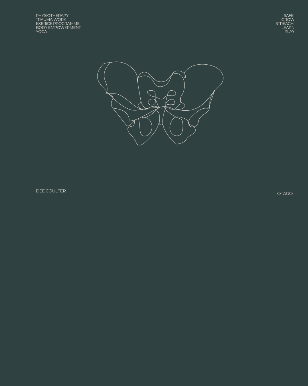 Minimalist line drawing of a butterfly on a dark teal background with text about physiotherapy, trauma work, exercise, and other wellness topics.