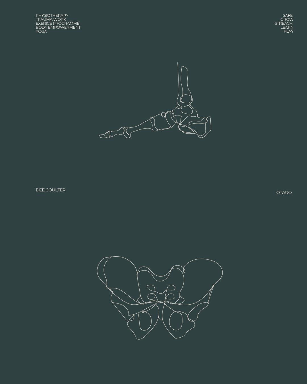 Minimalist line art of a butterfly and a person performing a yoga pose, with text related to physiotherapy, trauma work, and exercise in the corners.