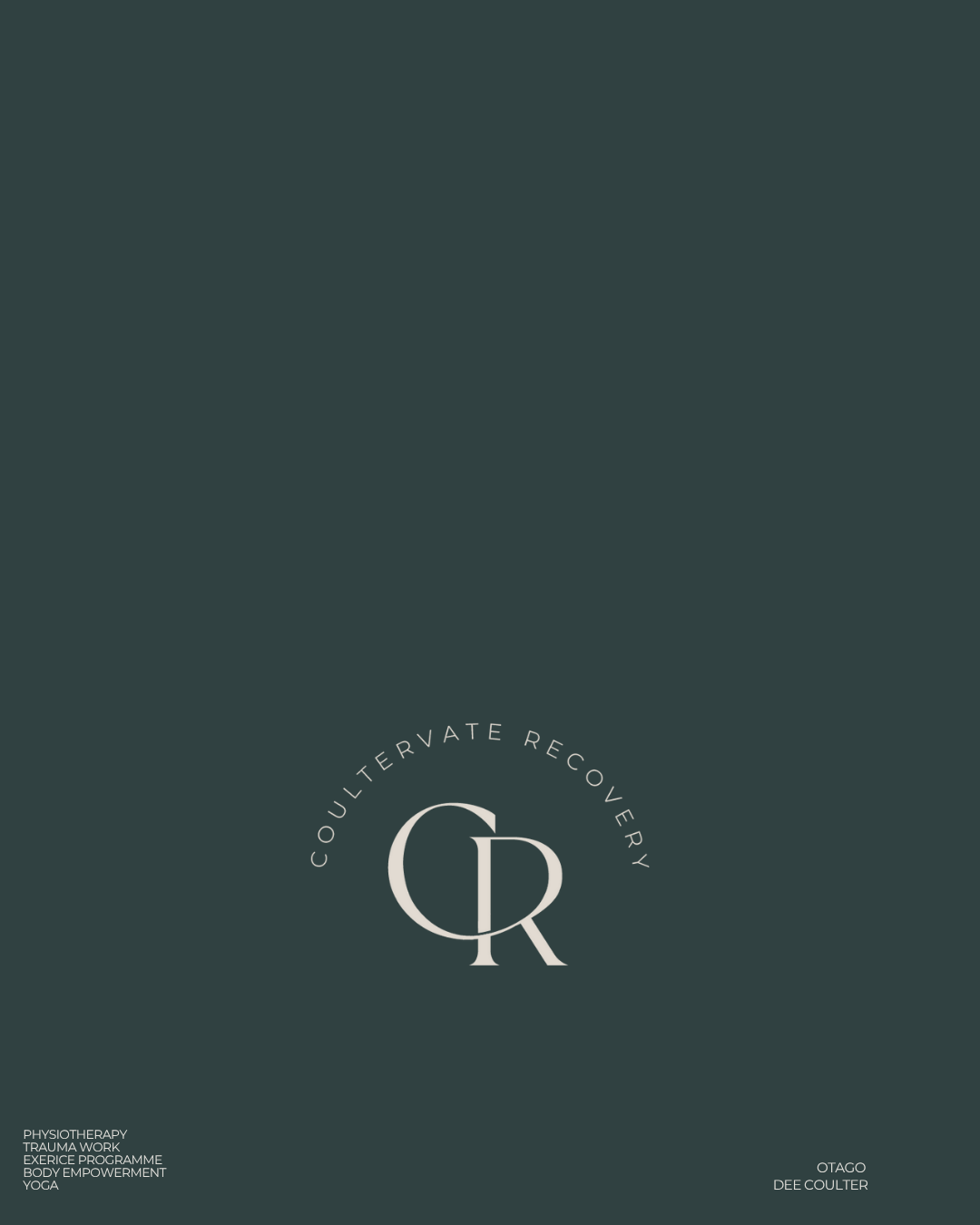 Dark teal-colored cover page with white text and logo for Coultervate Recovery, including services like physiotherapy, trauma work, exercise, body empowerment, yoga, and the name Otago Dee Coulter.