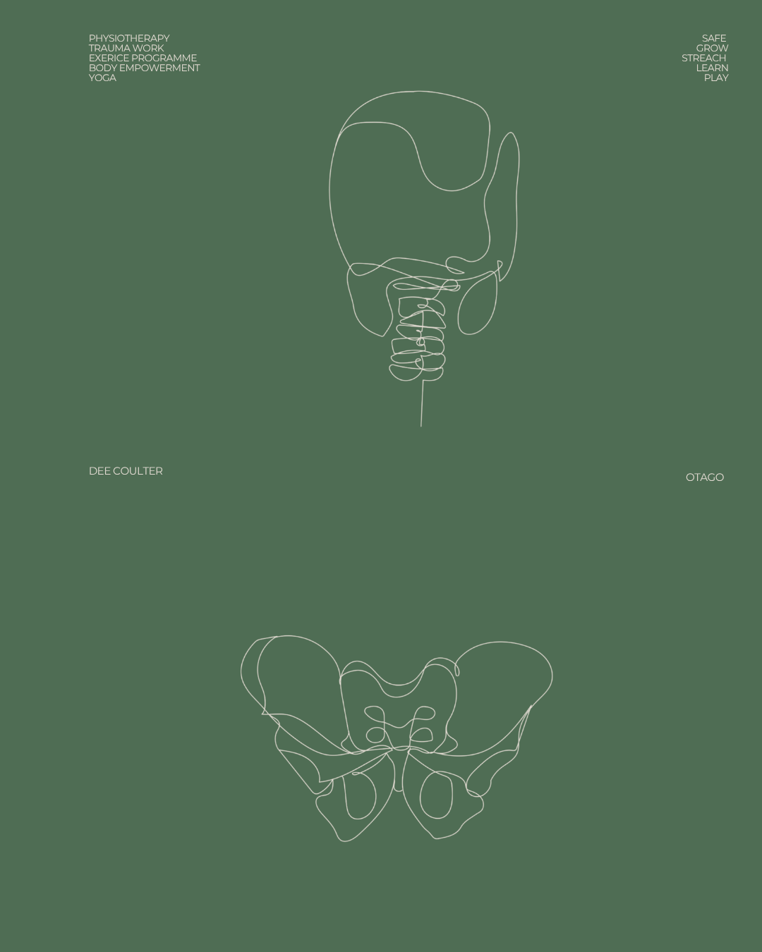 Minimalist line art of a skull and butterfly on a green background, with text related to physiotherapy, trauma work, exercise, empowerment, and activities like safe grow, stretch, learn, and play.
