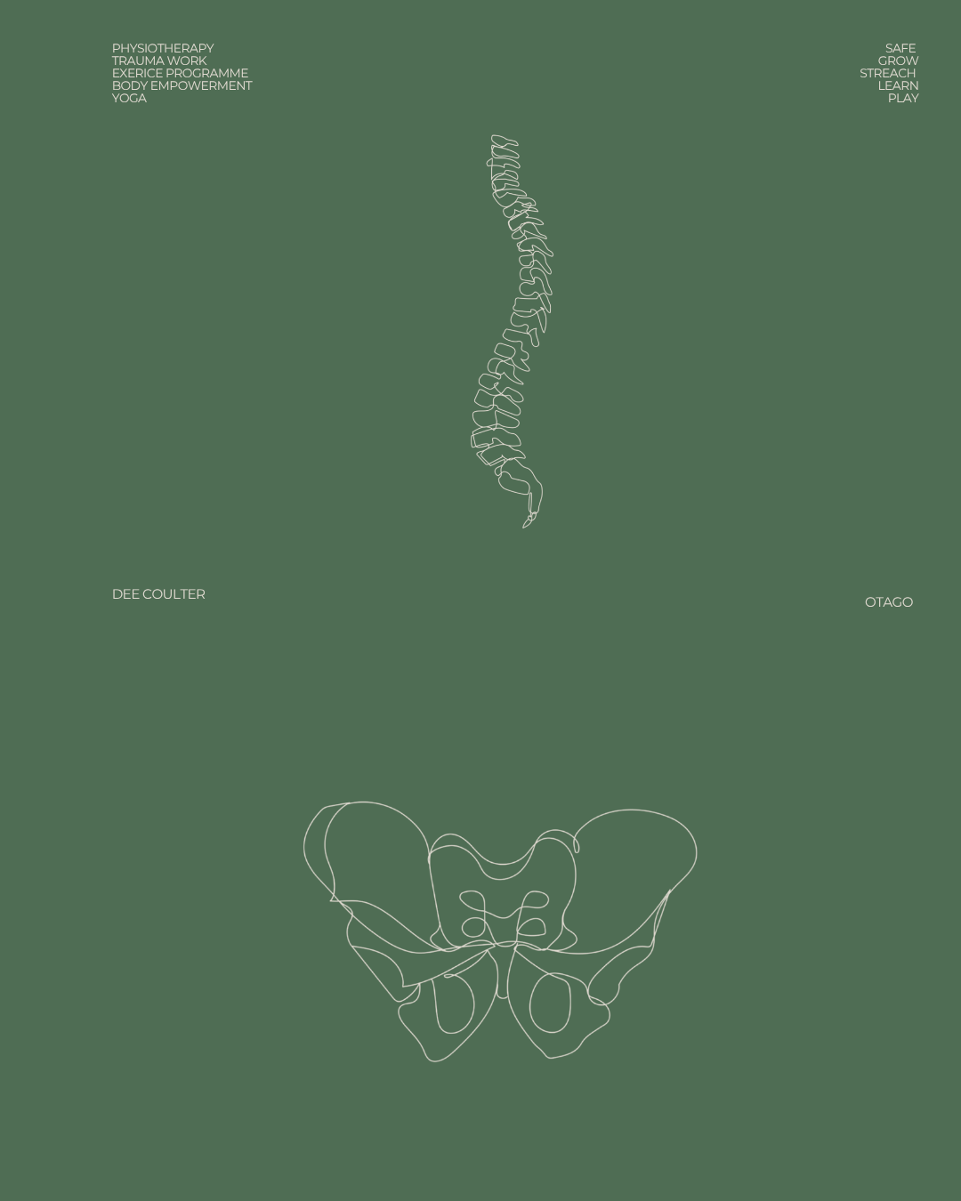 Line art illustration of a human spinal column and pelvis on a dark green background, with words related to physiotherapy and wellness.