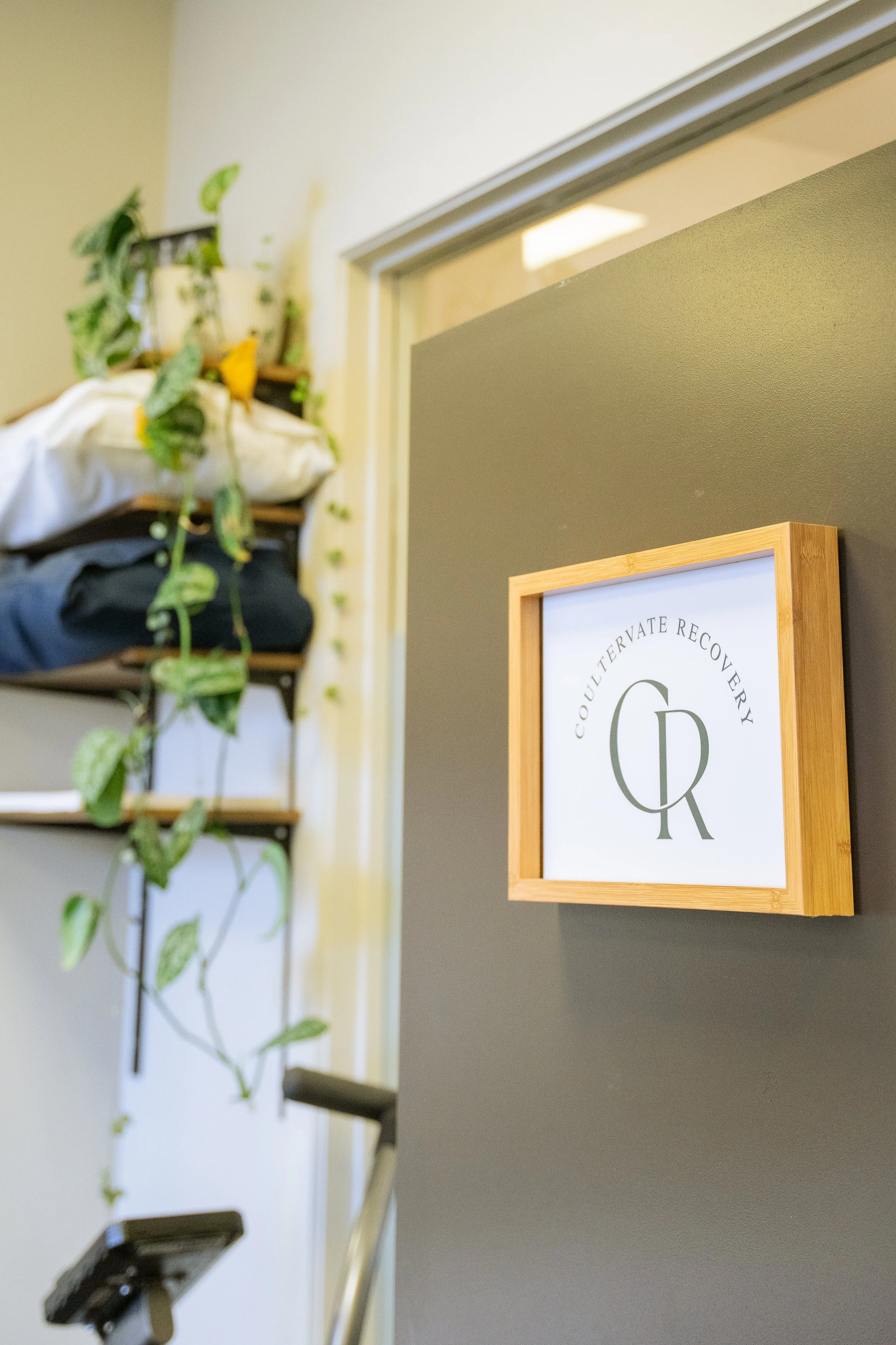 Sign on the wall reading 'Cooperative Recovery' with a logo beneath it, part of a room with a filing cabinet, potted plants, and a window in the background.