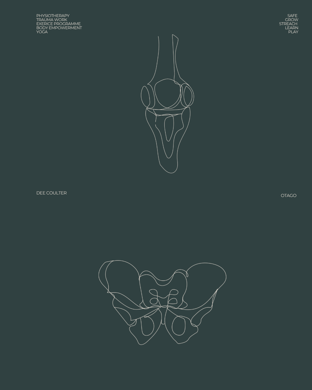 Line art schematic of a human knee joint and pelvis on a dark background, with words related to therapy, exercise, and anatomy.