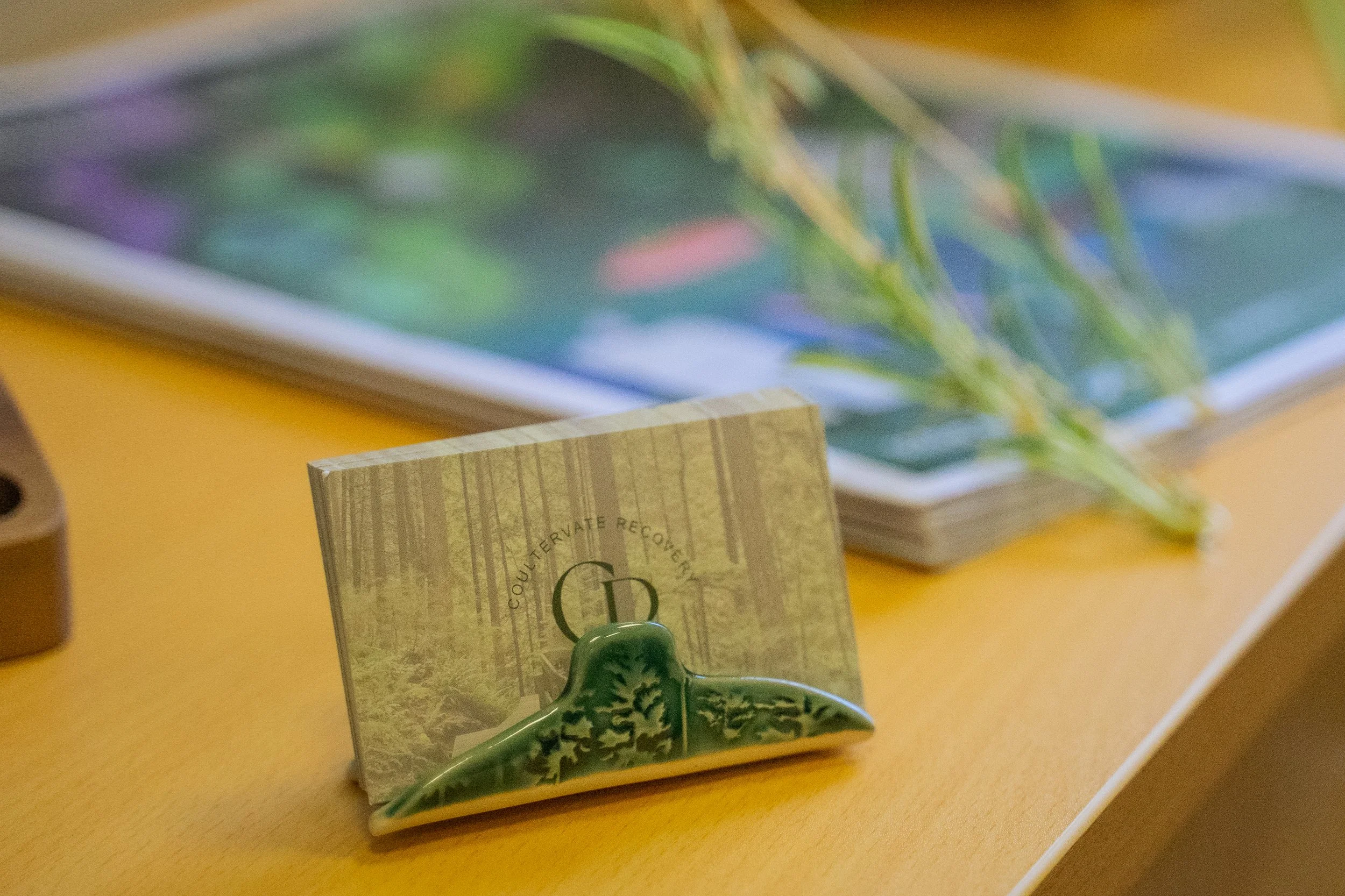 A small business cardholder with greenery design, holding a business card, on a wooden desk. In the background, there is a colorful blurred document or brochure and a sprig of greenery resting on top.