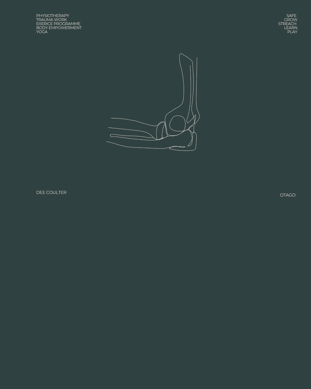 Minimalist line drawing of a hand in a seated position with text related to therapy, exercise, wellness, and self-care in the background.