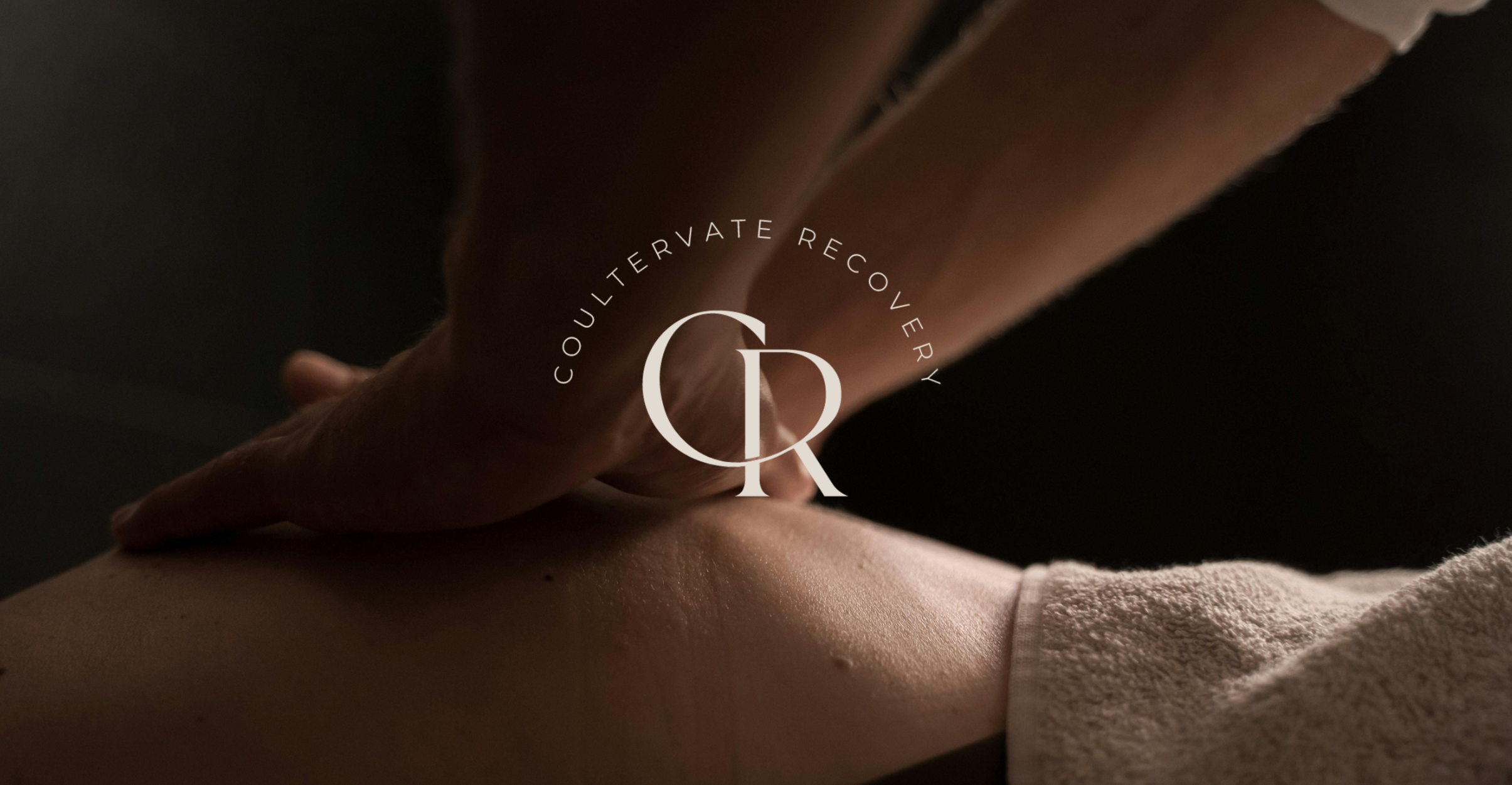 Close-up of a person receiving a massage, focusing on their back and the masseuse's hand applying pressure, with a logo for 'Coultervate Recovery' overlayed.