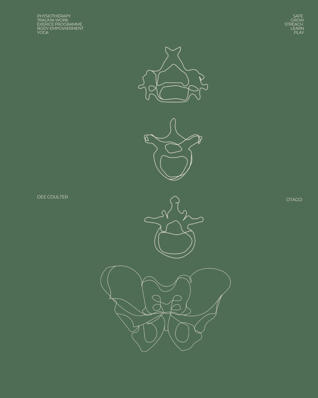 Line drawings of vertebrae and pelvic bones arranged in a column on a green background, with labels including 'Physiotherapy,' 'Trauma Work,' 'Exercise Programme,' 'Body Empowerment,' 'Yoga,' 'Safe,' 'Grow,' 'Streach,' 'Learn,' and 'Play'.