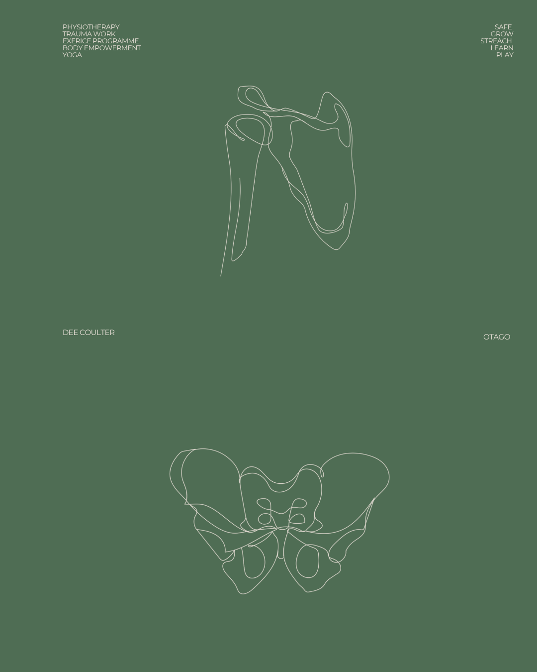 Minimalist line drawing of a human shoulder and a butterfly on a green background with text related to therapy, exercise, and nature.