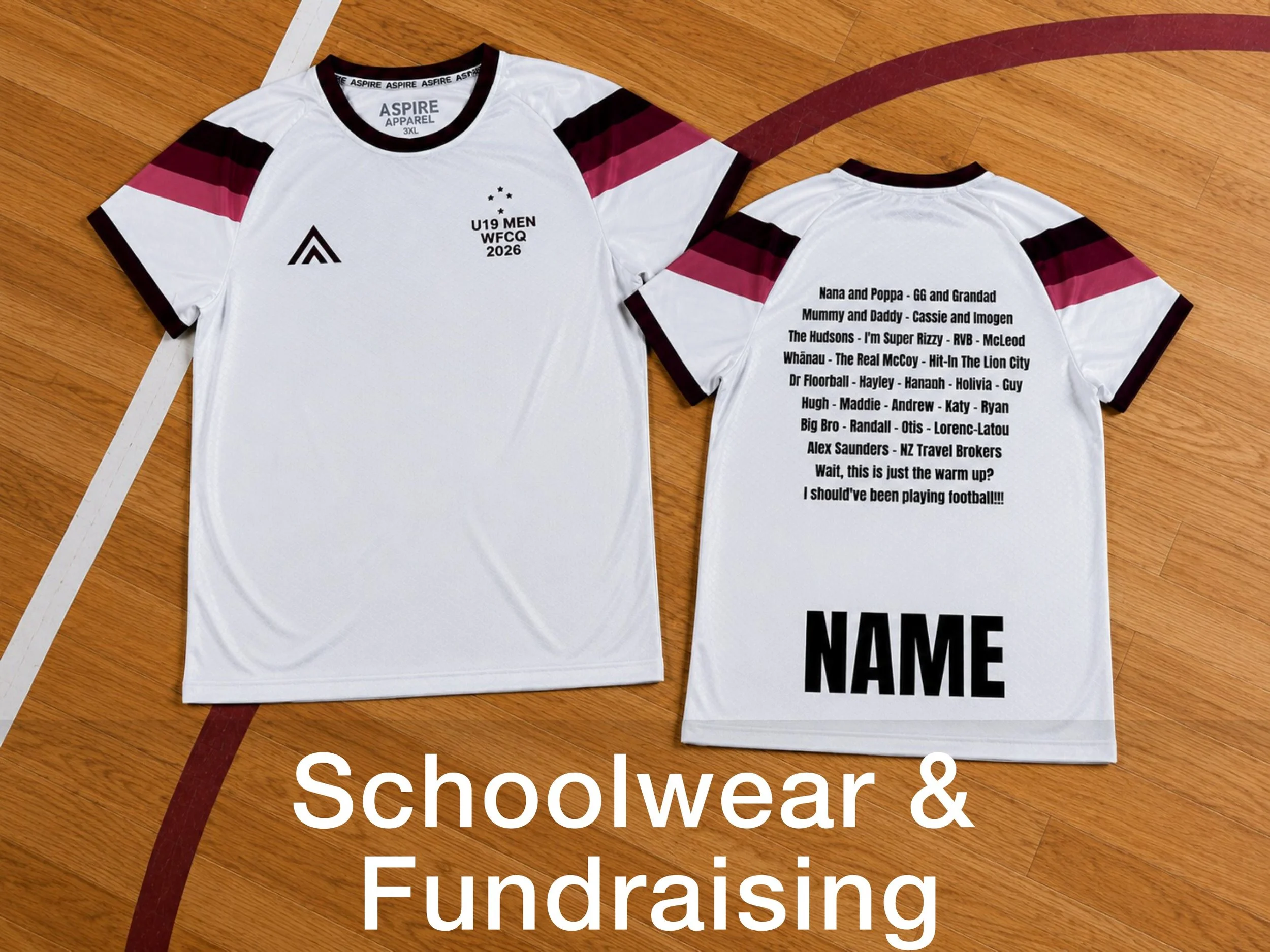 White Aspire Apparel sports shirt shown front and back with maroon and pink sleeve stripes, U19 Men WFCQ 2026 logo, personalized supporter names, and large “NAME” text for schoolwear fundraising.