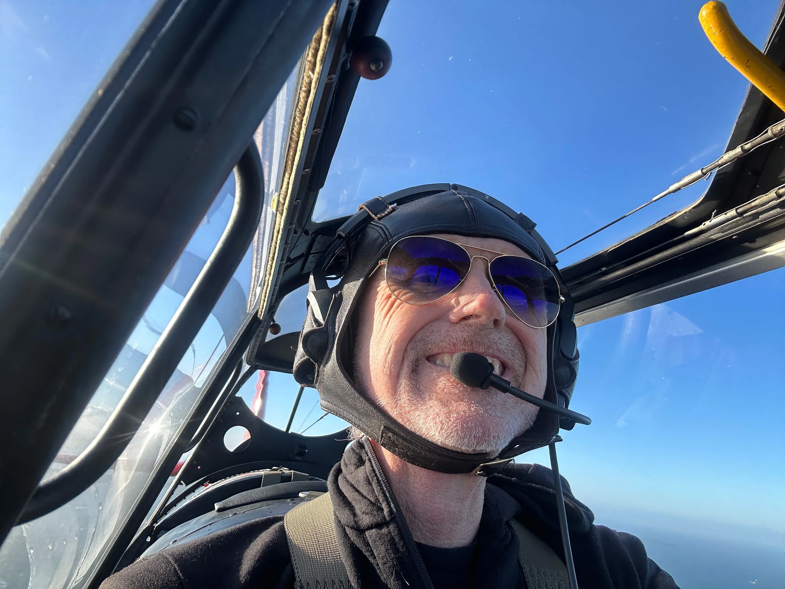 The light leather helmet is handy for keeping my headset on during aerobatic manoeuvres, especially if negative g is involved.