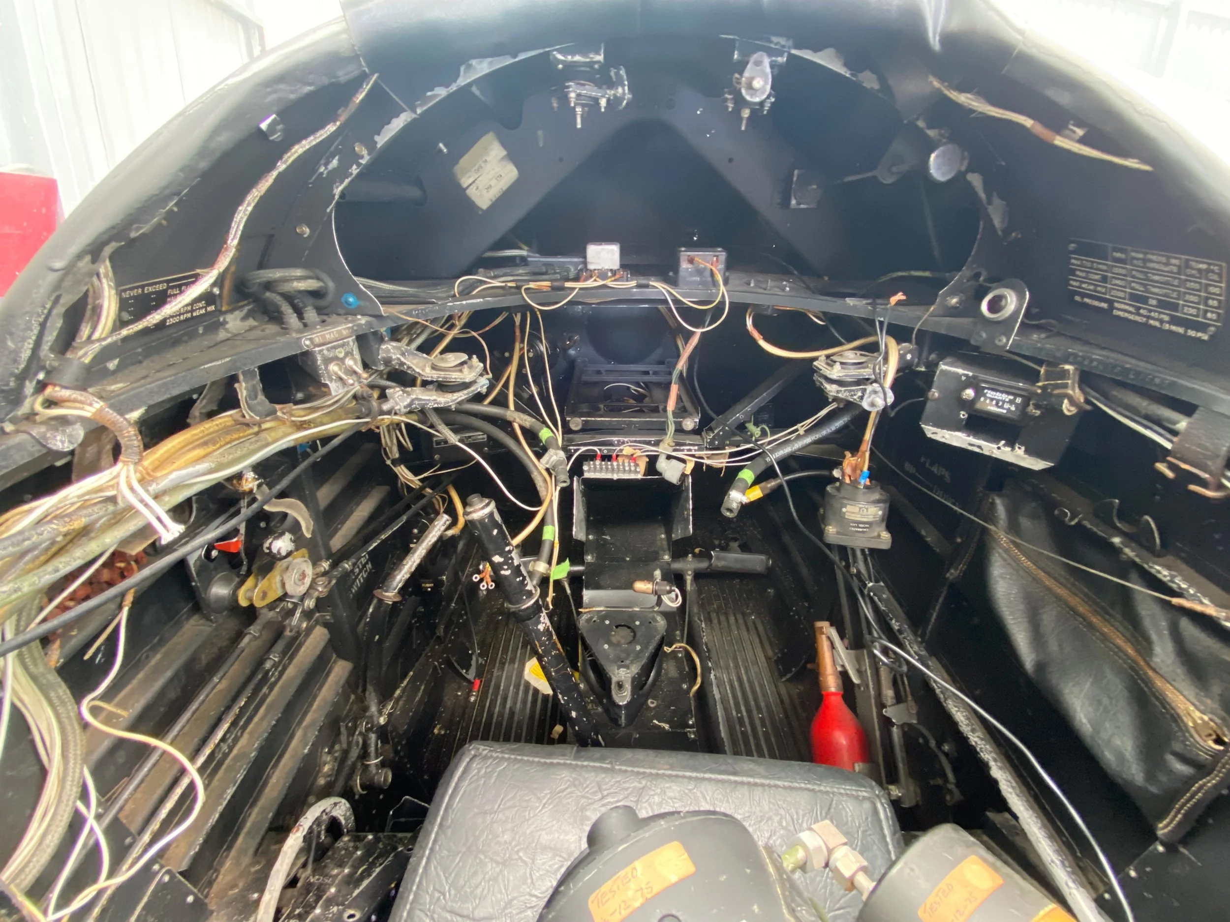 A view towards the firewall with the front instrument panel removed. The panels remove easily for access to instruments and associated plumbing.