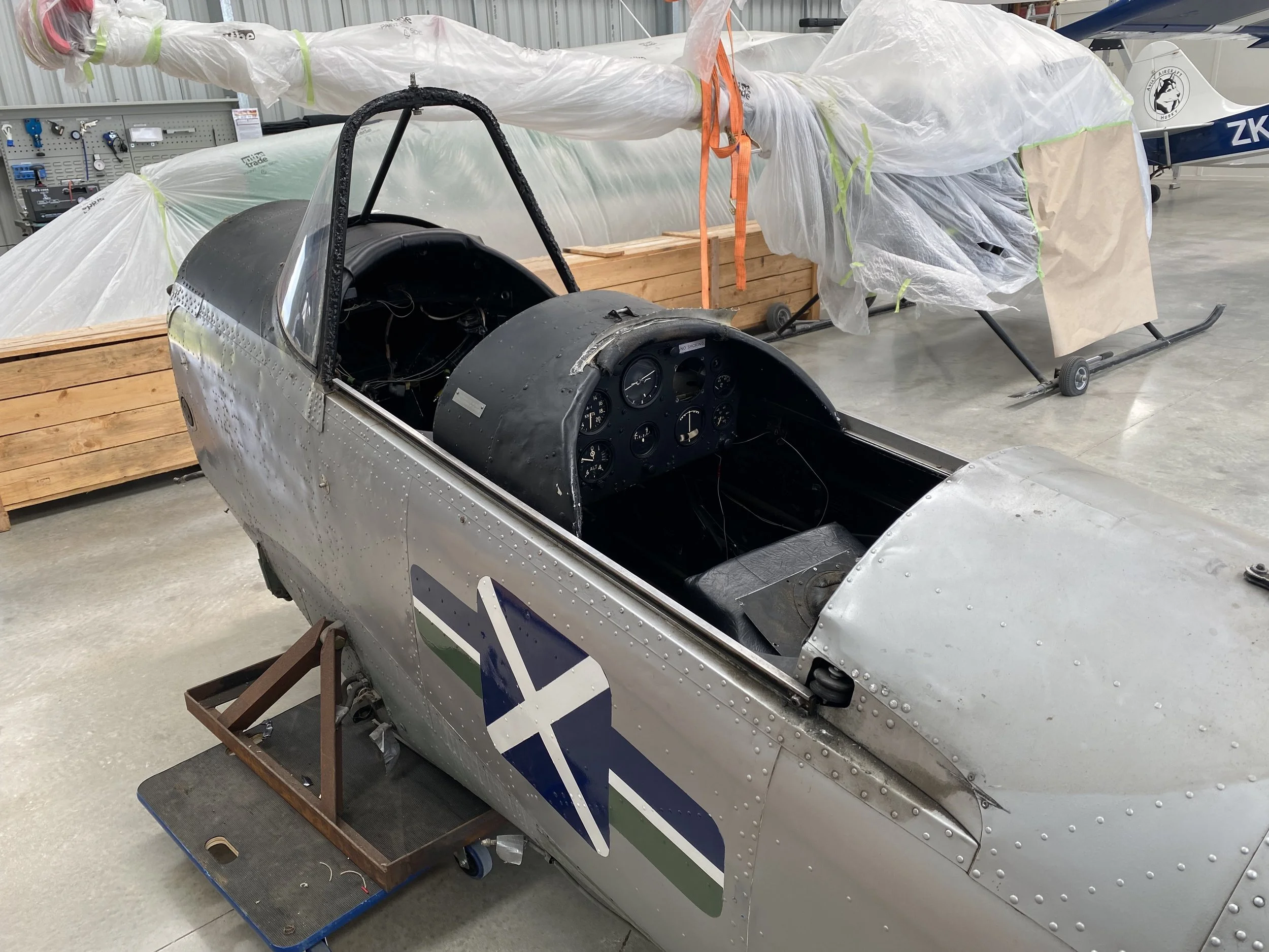 The stripped out fuselage. The restoration process can be measured by the parts count: first it gets bigger and bigger, then starts reducing. When the total gets down to one, it's time to go flying.