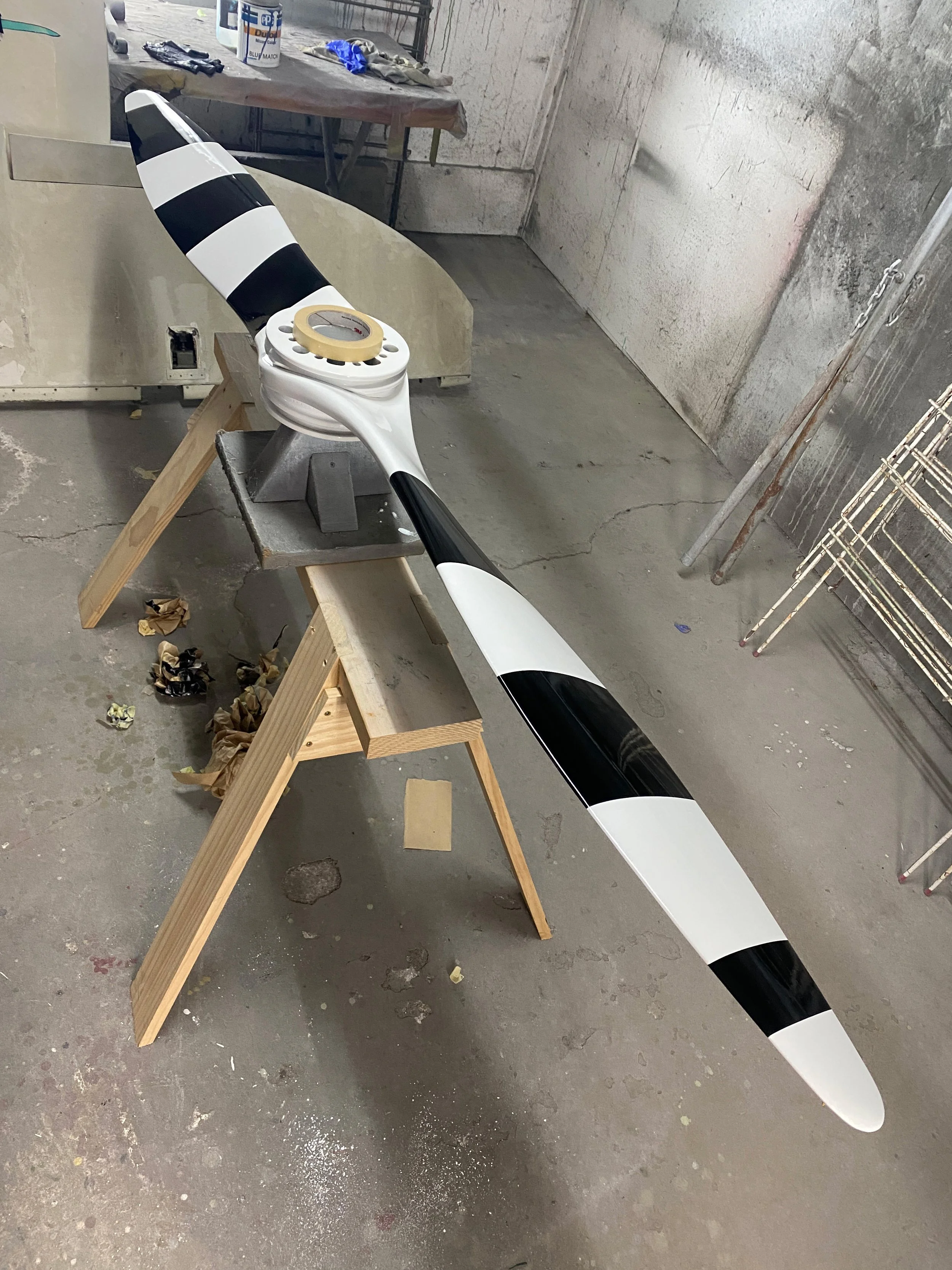 Fairey Reed fixed pitched propeller back from inspection and painted. The striped propeller was only used on RAF Chipmunks from the 1980s but helps with visibility and gives a certain Beetlejuice vibe.