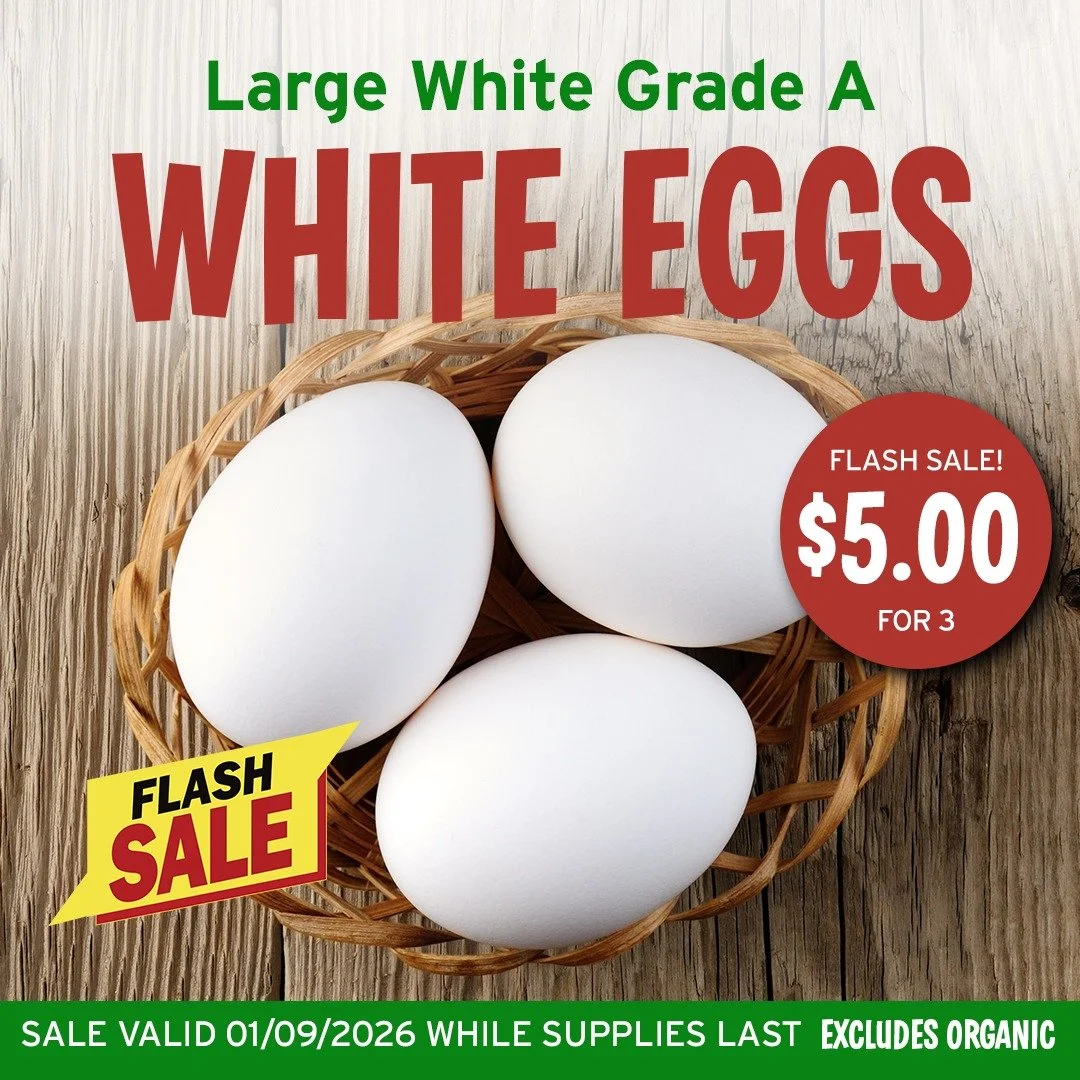 🚨 Flash Sale alert! 🚨 Starting 1/9, we&rsquo;ve got:
🍌 Baby Bananas &mdash; the perfect grab-and-go snack for $1.49/lb
🫐 Driscoll&rsquo;s Blackberries &mdash; 3 for $5
🥚 Large White Grade A Eggs &mdash; 3 for $5
Blink and you&rsquo;ll miss it&he