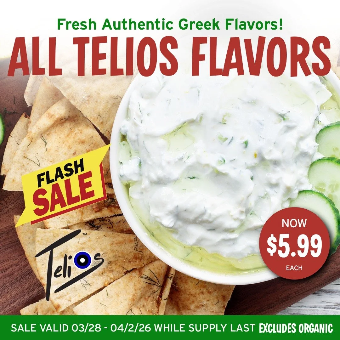 Here&rsquo;s a scroll-stopping, friendly + slightly punny caption that ties all three together:

Fresh deals, comin&rsquo; in HOT 🔥💚

🥒 Mini Cucumbers &ndash; 3 for $5
🍓 Driscoll&rsquo;s Strawberries &ndash; 2/$4
🥙 Telios Greek Dips &ndash; $5.9