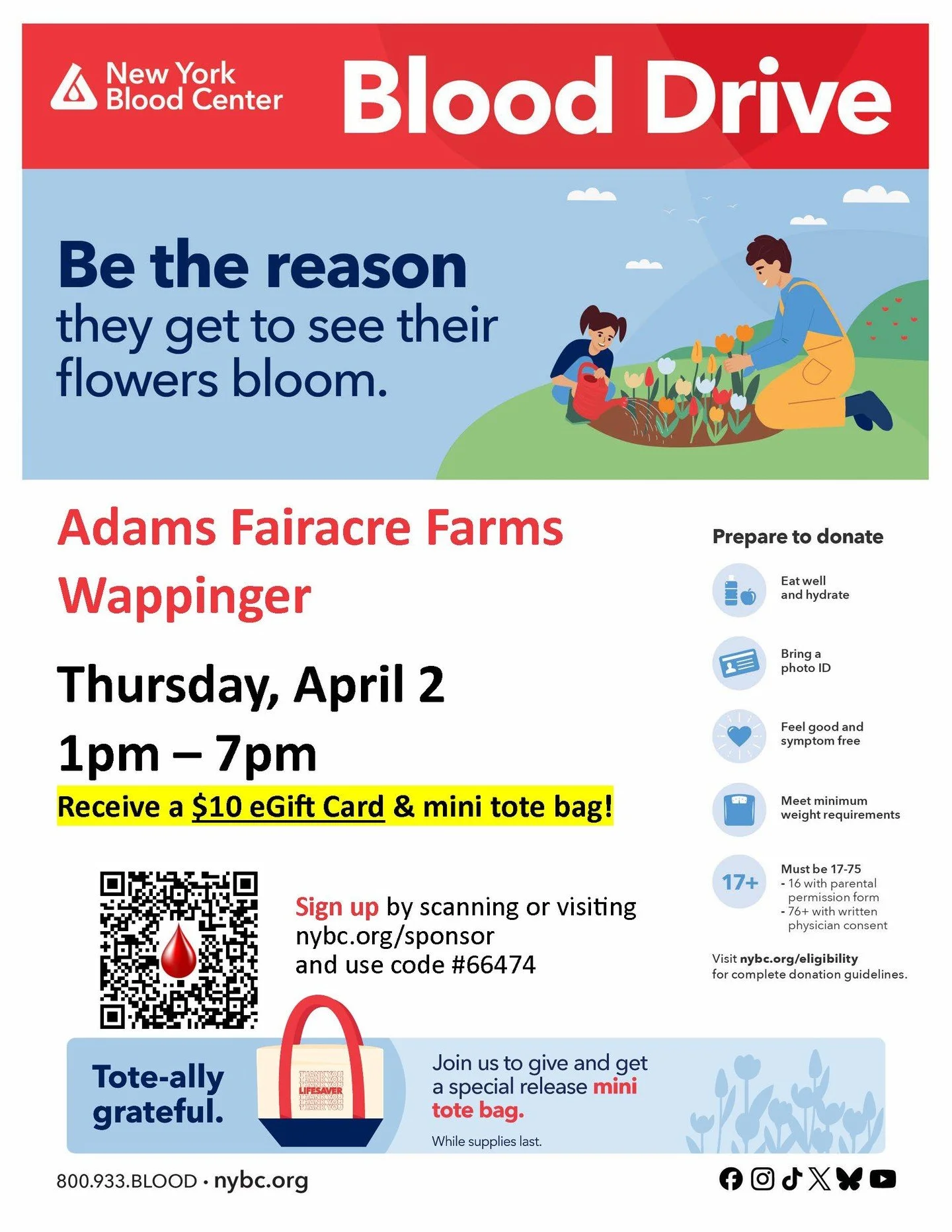 Give a little, help a lot ❤️💚

Join us at our Wappinger store for a Blood Drive with the New York Blood Center and be the reason someone gets to see their flowers bloom 🌷

🗓 Thursday, April 2
⏰ 1pm&ndash;7pm

As a thank you, you&rsquo;ll receive a