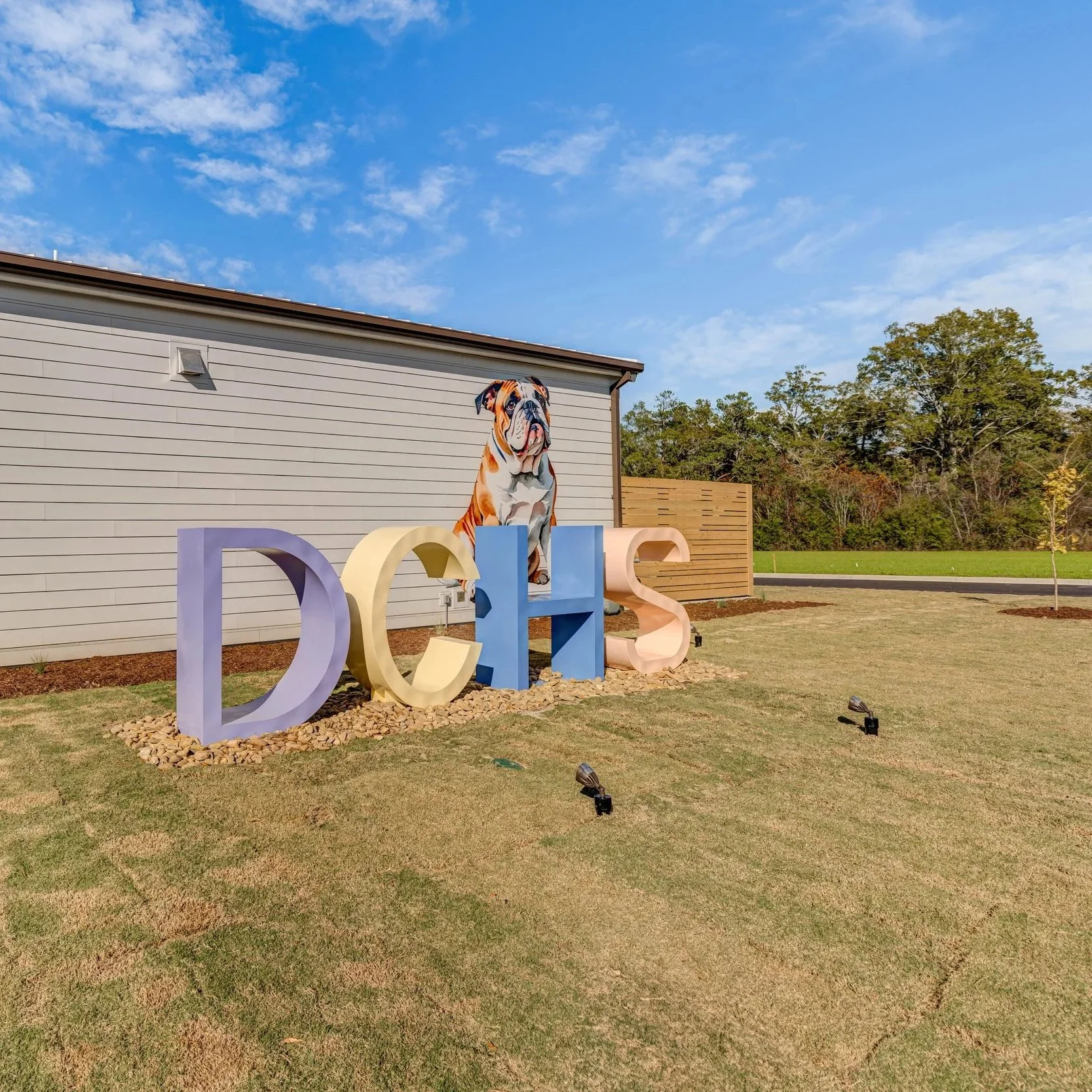 Colorful large letters spelling 'DCHS' on grass with a bulldog mascot image and a building with beige siding in the background, under a partly cloudy sky.
