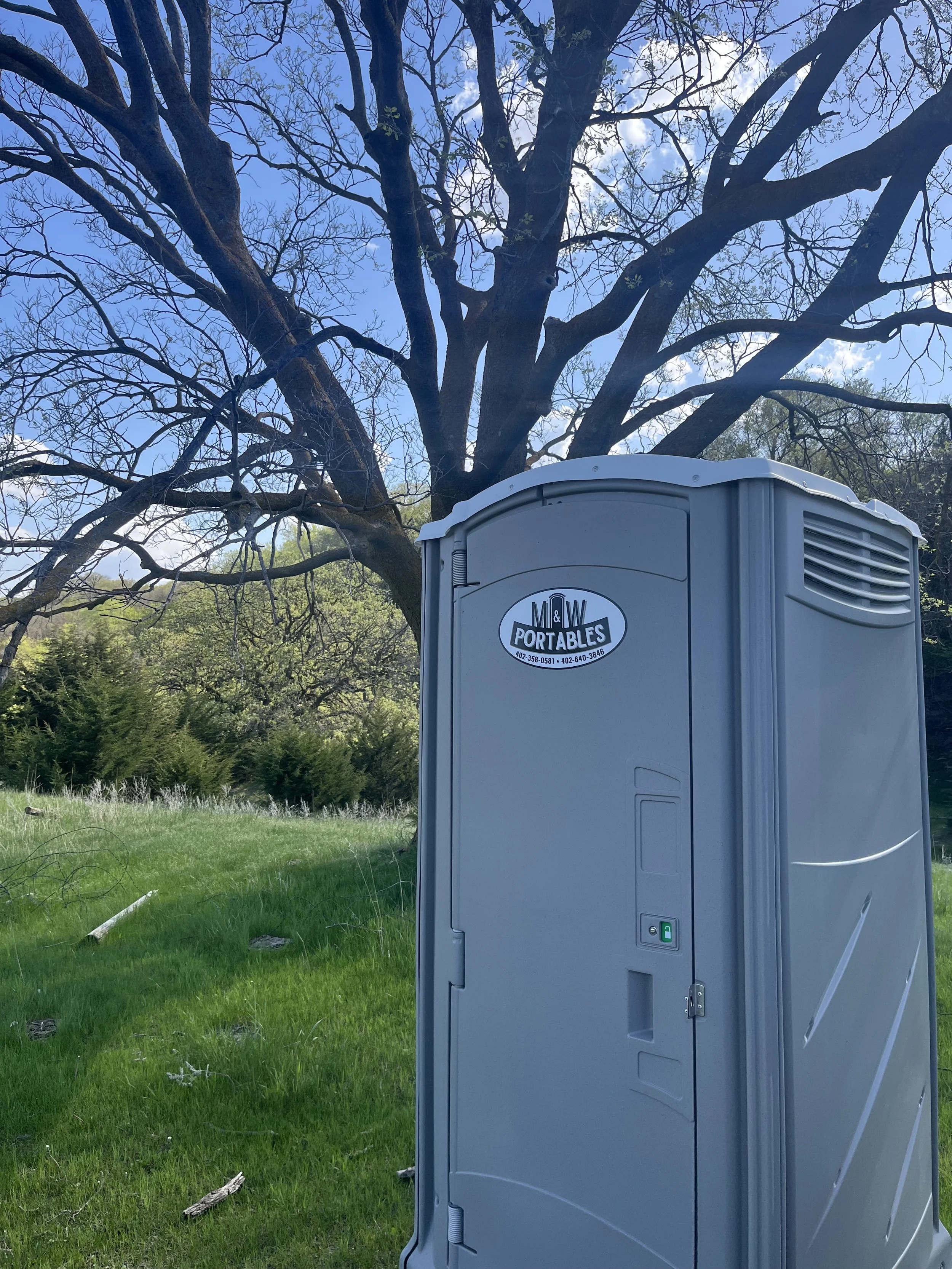 Portable toilet in a grassy outdoor area with a large leafless tree and green bushes in the background.