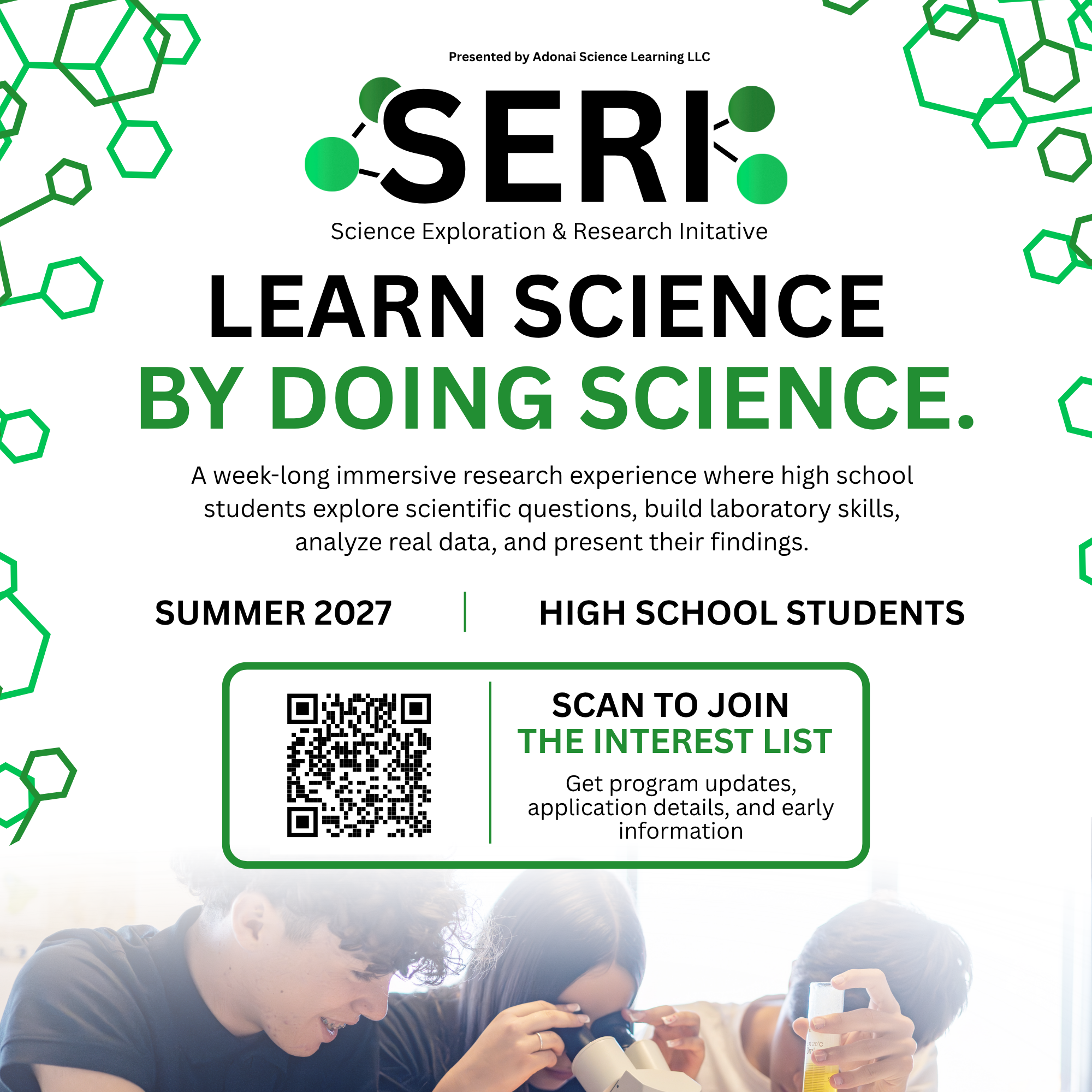 Students conducting a science experiment with microscopes and laboratory glassware during a summer research program.