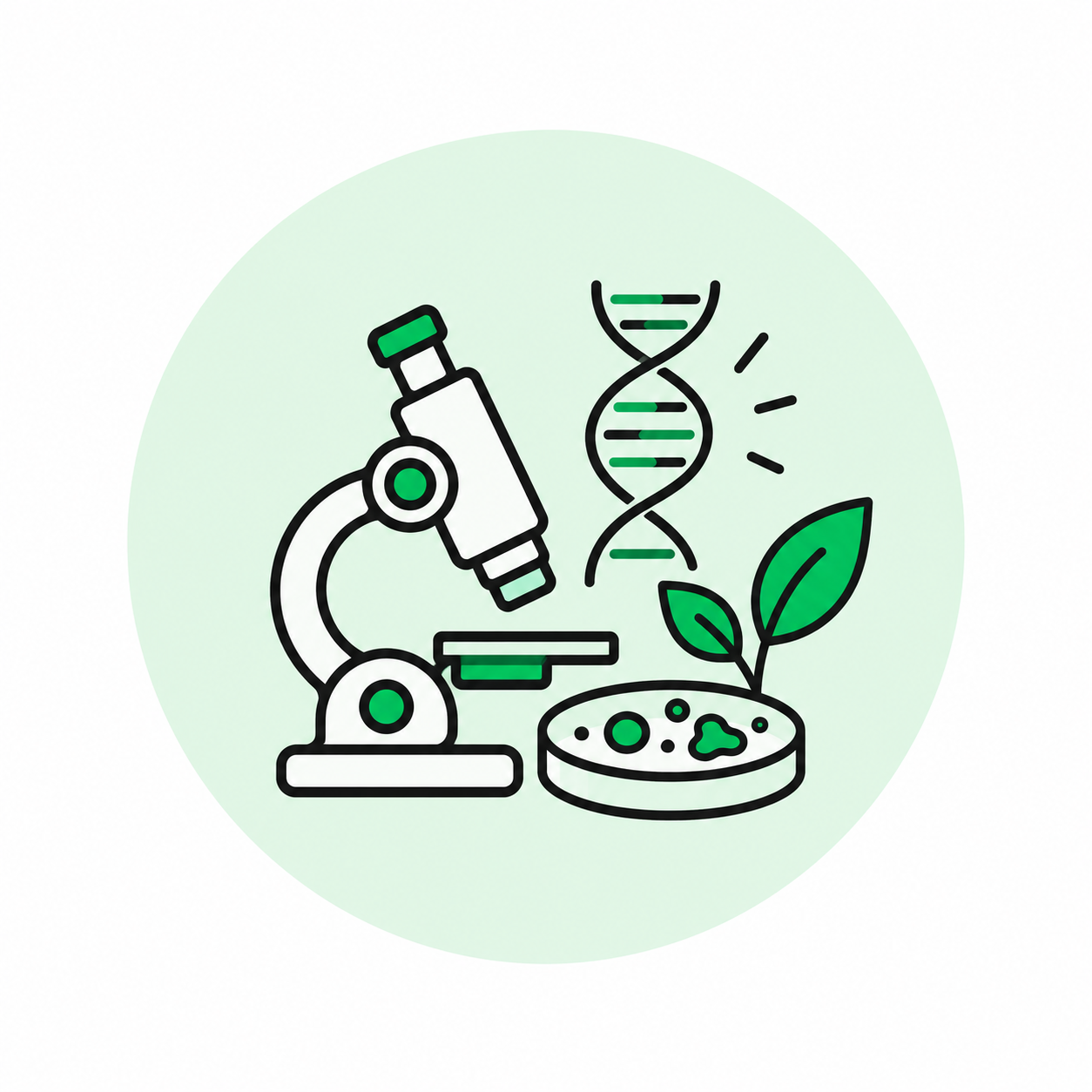Line drawing of a microscope, DNA strand, plant leaves, and a petri dish with bacteria or mold, representing scientific research and biotechnology.