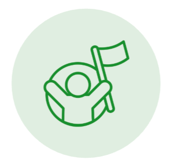 A simple green outline of a person holding a flag, standing inside a circular shape with a light background.