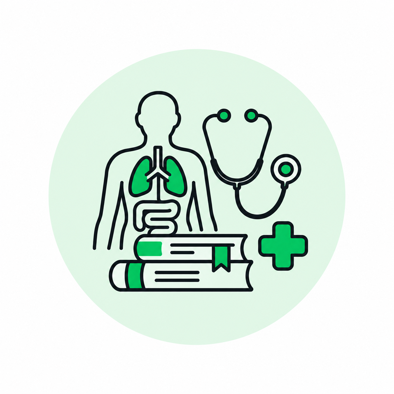 Illustration of human lungs, digestive system, stethoscope, medical book, and medical cross symbol, representing healthcare and medicine.