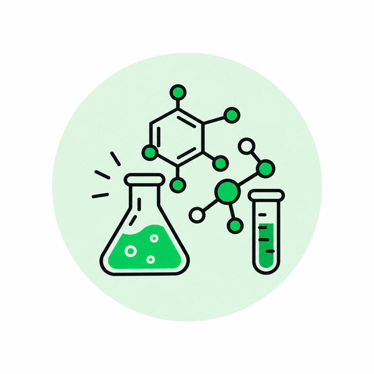 Illustration of chemical research with a flask containing green liquid, a test tube with green liquid, and molecular structures connected to each other.