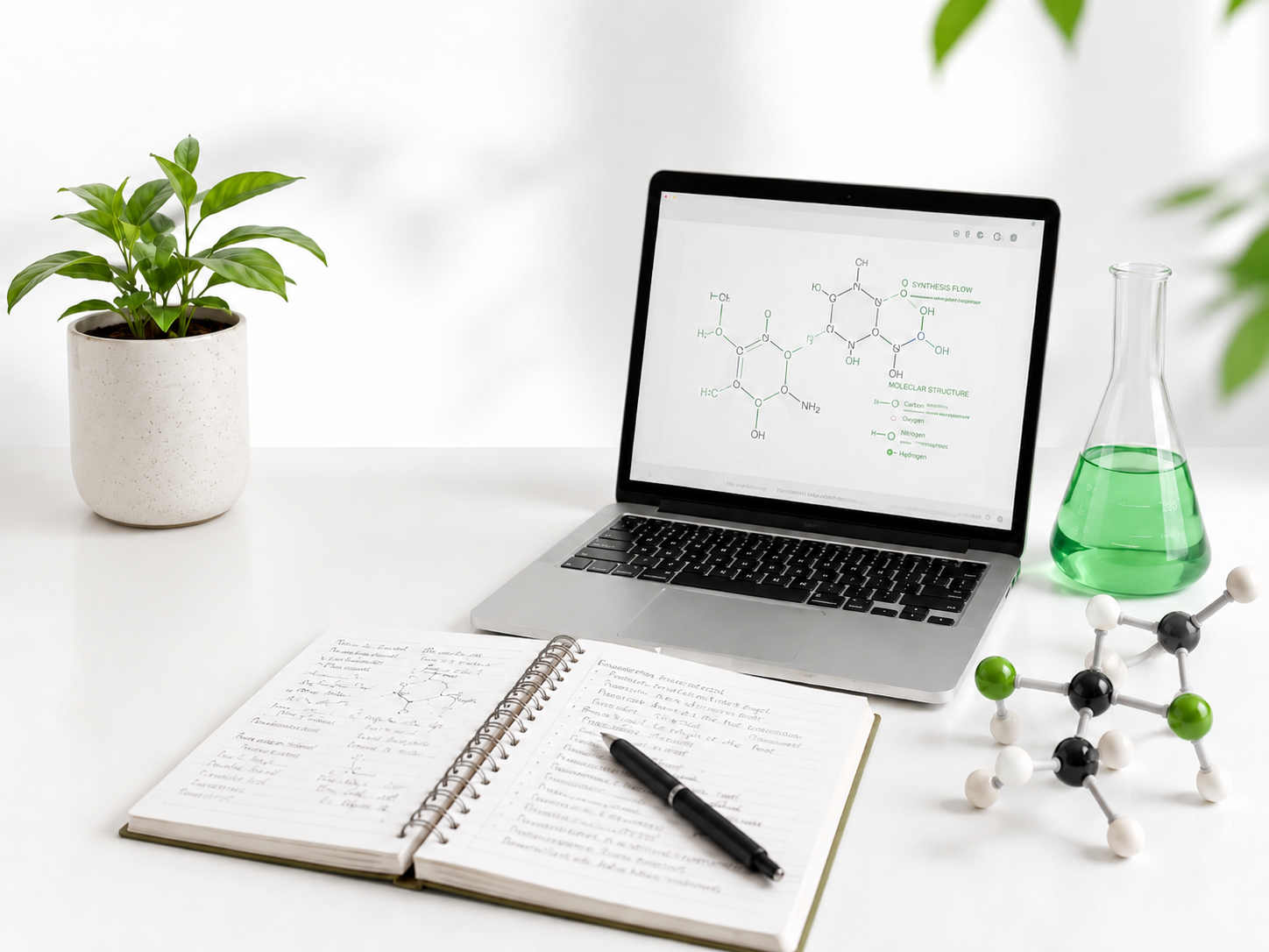 A desk with a potted plant, open notebook, black pen, laptop displaying a chemical structure, green liquid in a laboratory flask, and a molecular model against a white background.