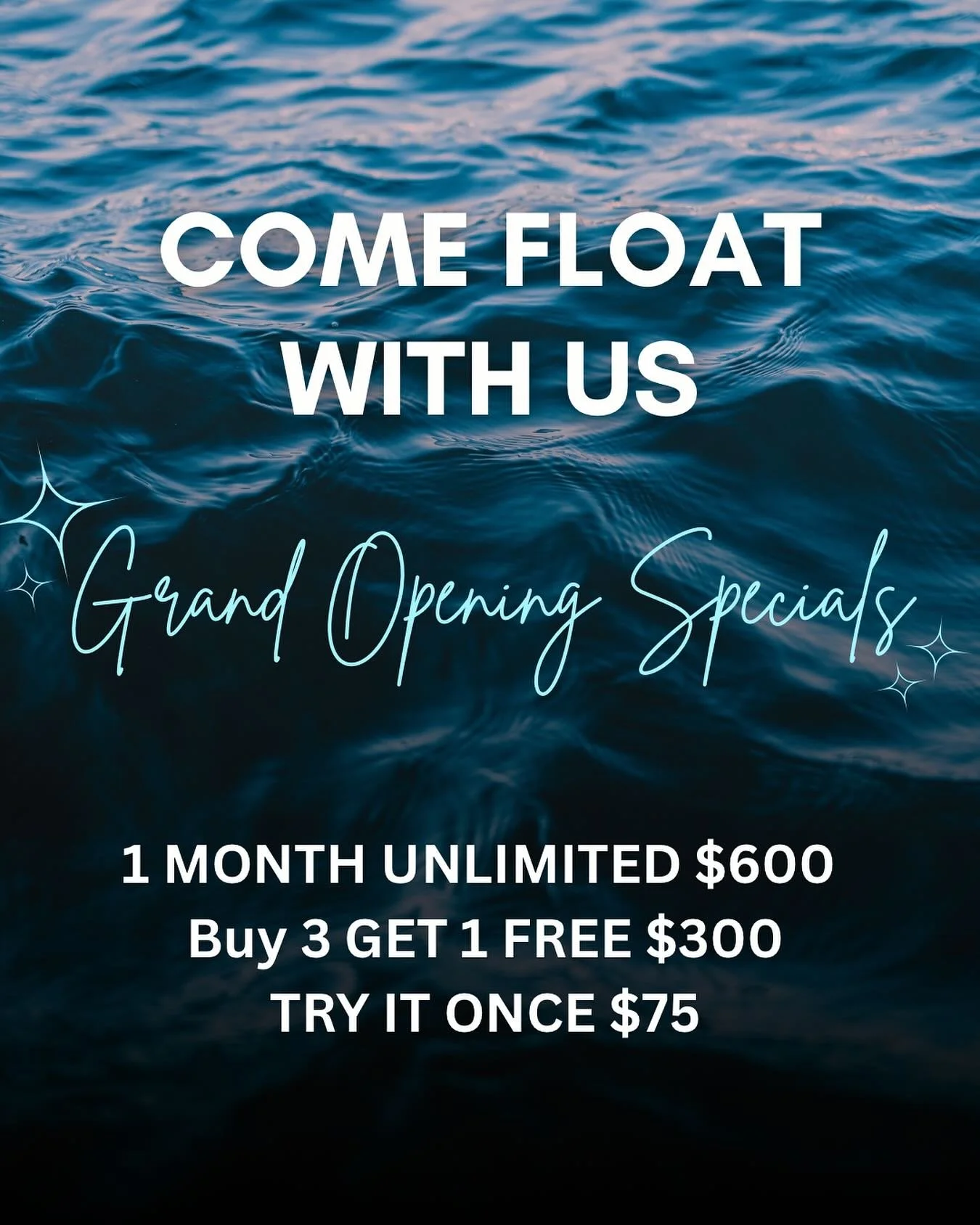 GRAND OPENING ✨SPECIALS ✨

Pre-sale priority packages for the salt float! 

You won&rsquo;t want to miss this sensory deprivation float tub. This unique experience offers significant mental and emotional benefits, including deep relaxation, reduced s
