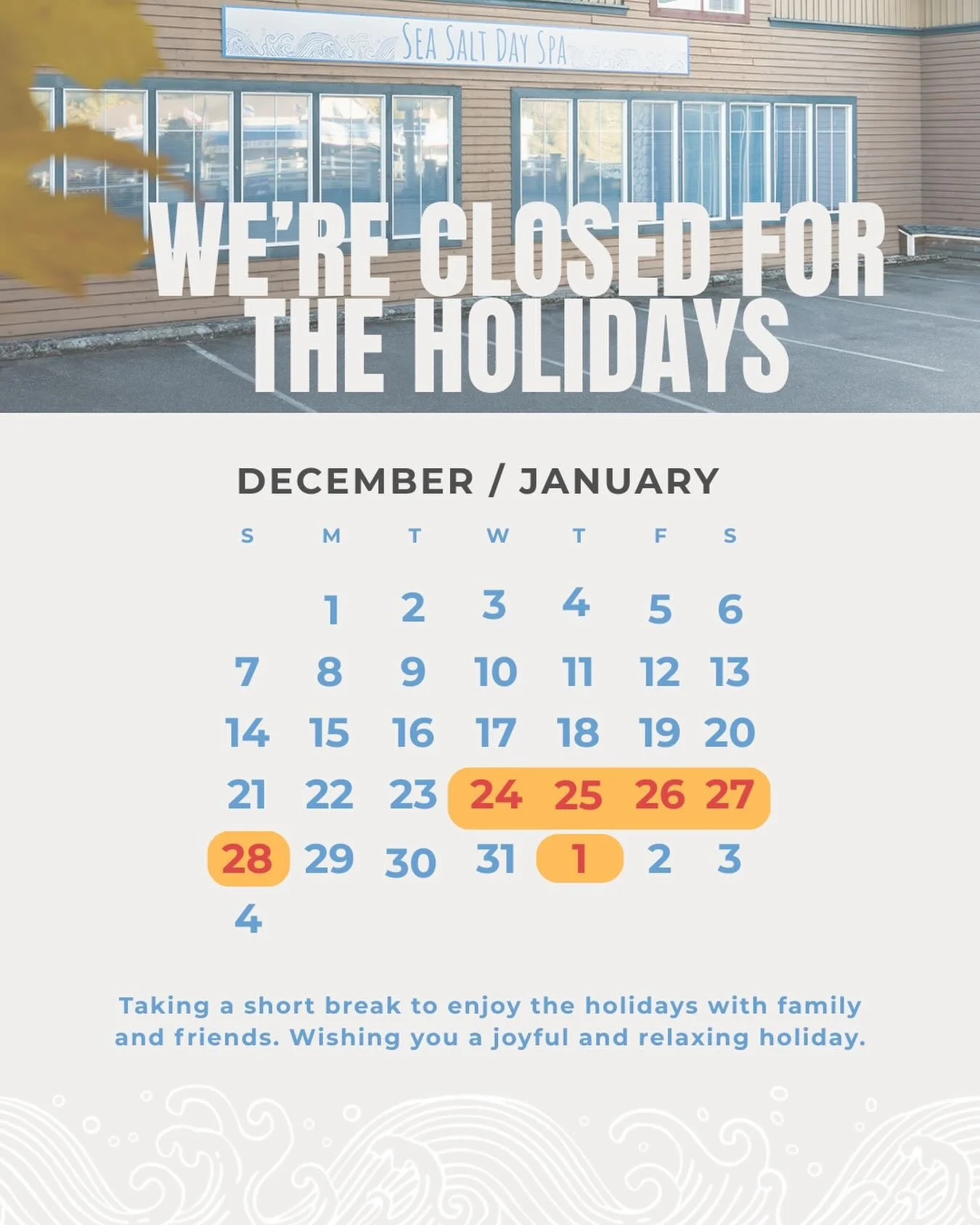 This is our last day in the spa until after Christmas 

If you need a last minute gift card they can be purchased online 

Wishing you a wonderful holiday this year!!