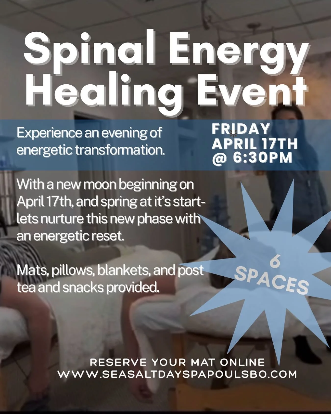 Spinal Energy Healing with @intentionallyrootedinhealing at Sea Salt Day Spa 

Seed new beginnings and positive intentions during our collective spinal energy healing. What better time than the start of a new lunar cycle? 

🫖 Tea and snacks provided